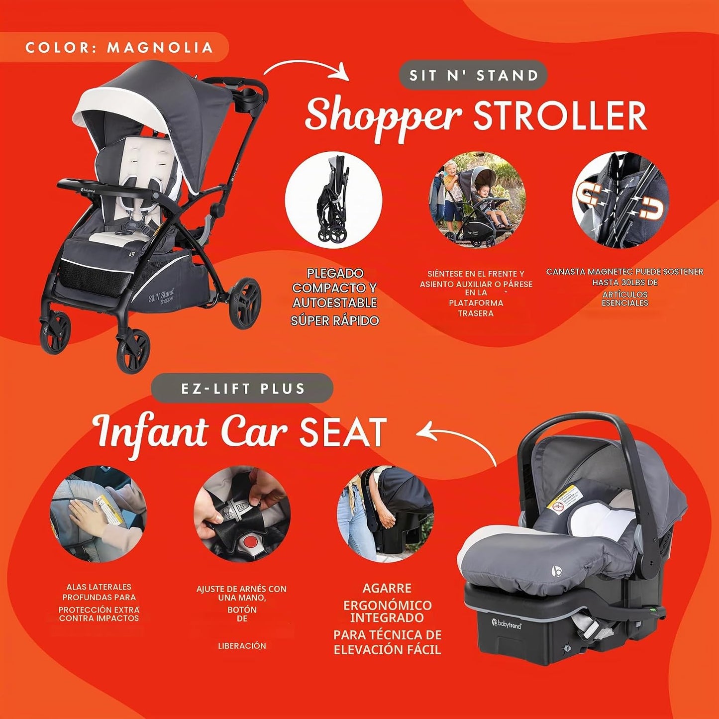 Baby Trend Sit N' Stand - Cochecito 5 en 1 con toldo y cesta de...