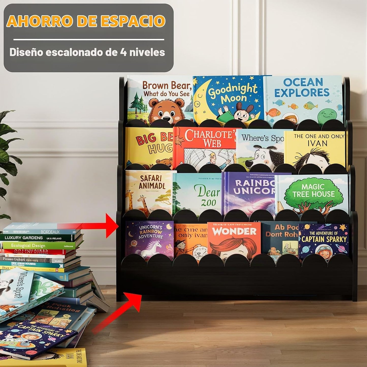 SpaceAid Estantería Festoneada de 4 Niveles, Estantería Montessori...