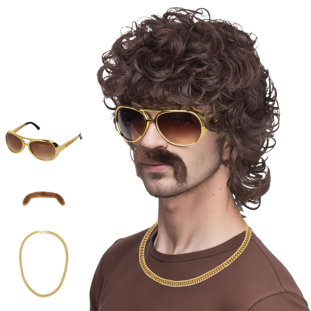 Miss U Hair - Peluca de discoteca marrón de los años 70 con gafas,...