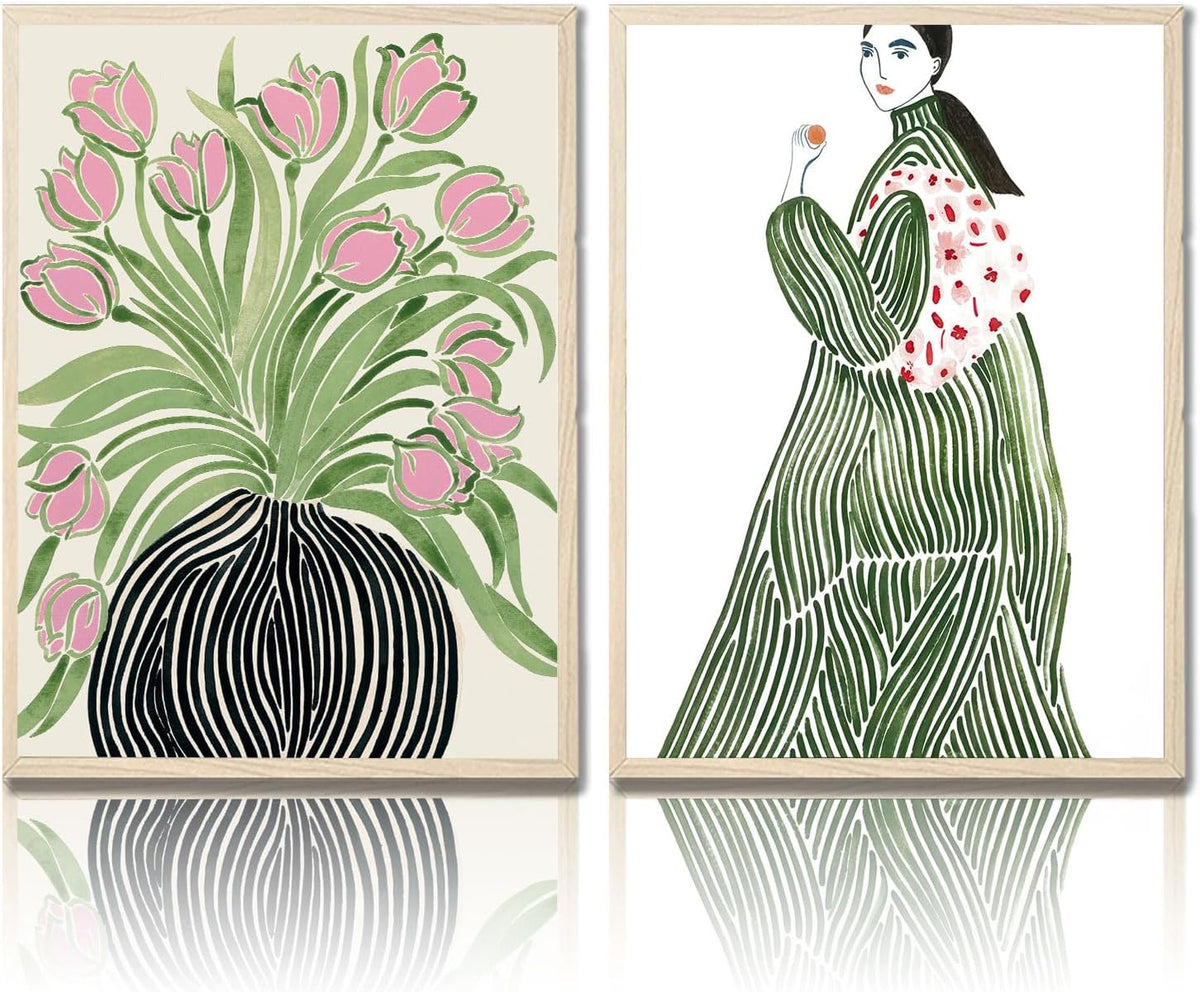 Lienzo enmarcado para pared, diseño de tulipanes, jarrón de mujer,...