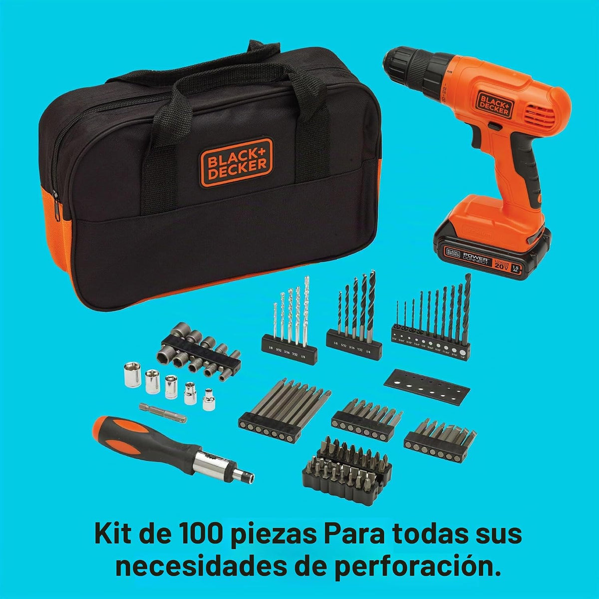 Taladro con iones de litio con 100 accesorios Black &amp; Decker LD...
