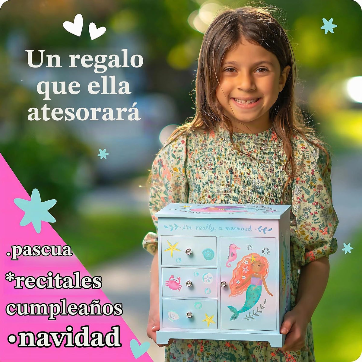 Giggle &amp; Honey Joyero musical de sirena para niñas, caja de mús...