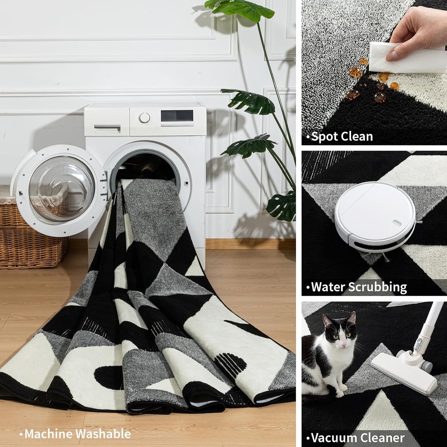 YIHOUSE Alfombra lavable de retazos geométricos modernos en blanco...