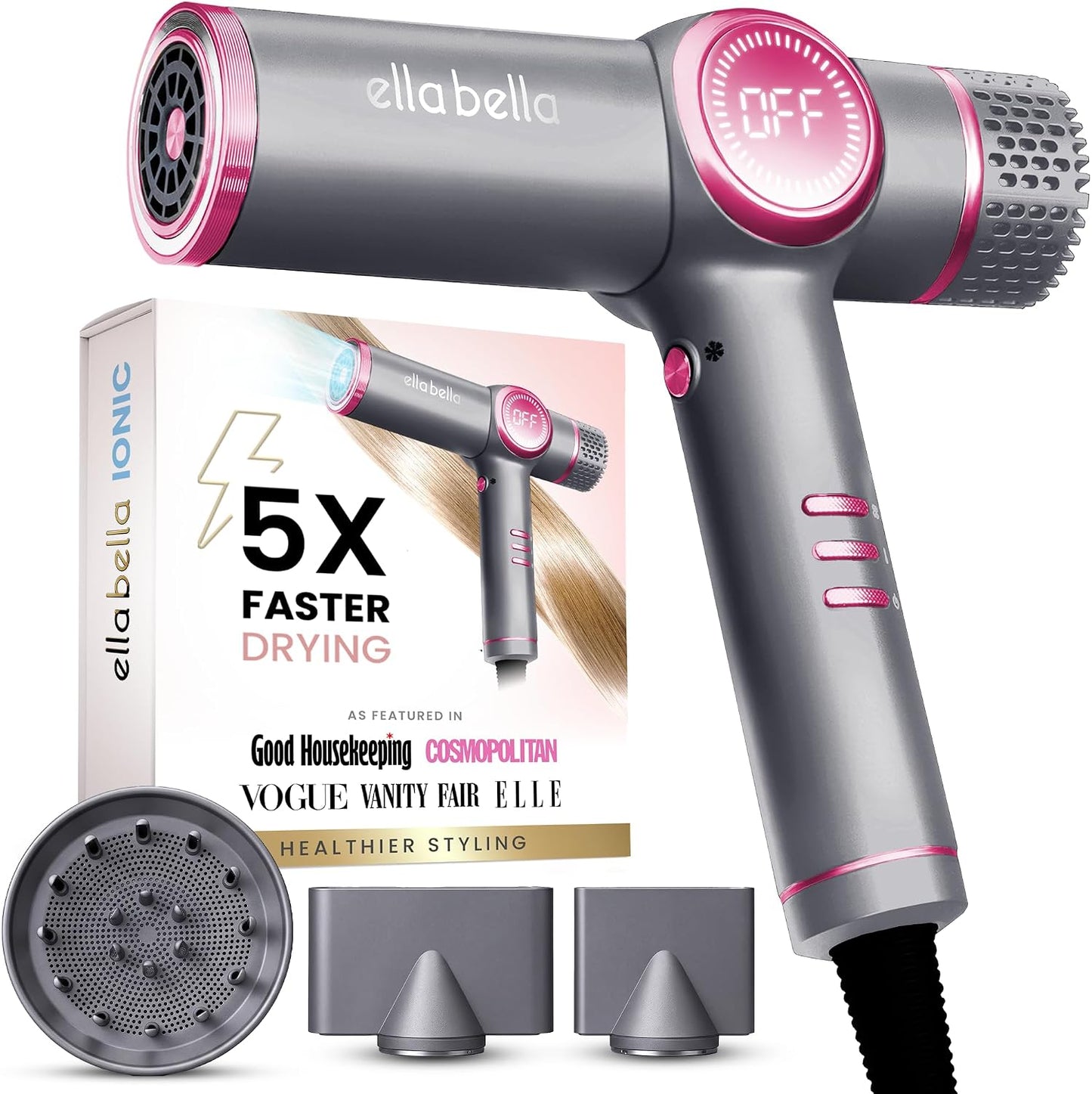 ELLA BELLA® Secador de cabello iónico con difusor - Secador de ione...