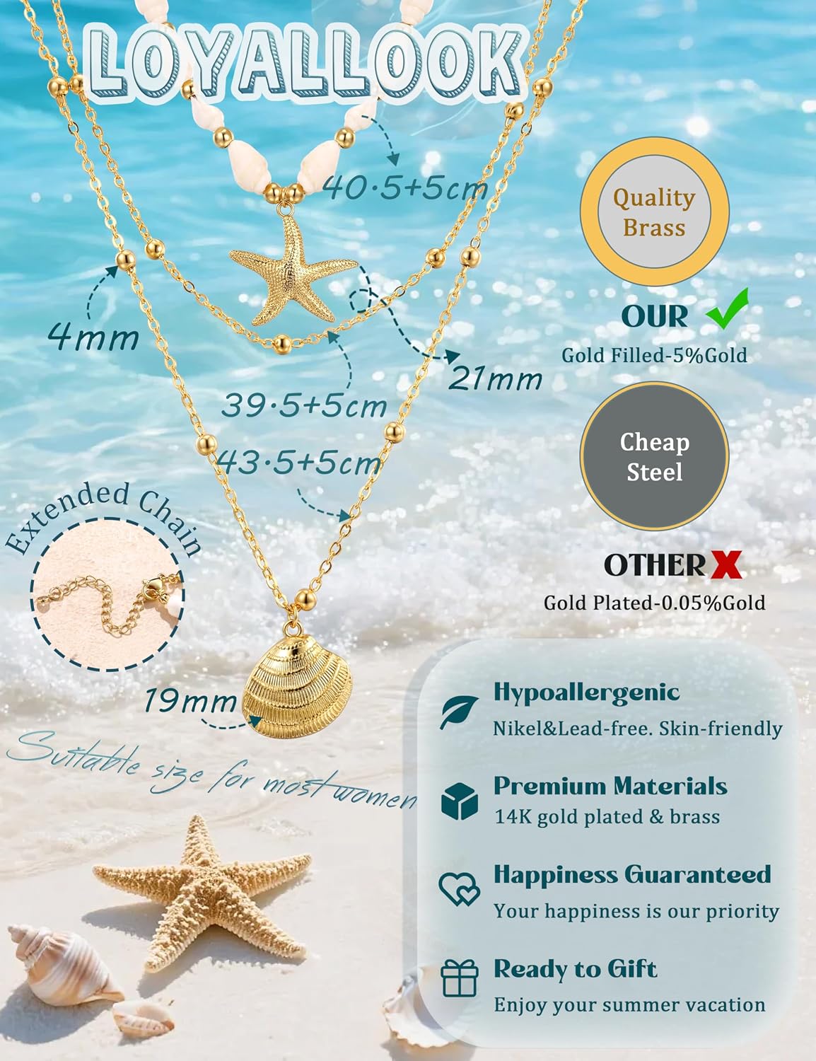 LOYALLOOK Collar de estrella de mar de concha para mujer, chapado e...