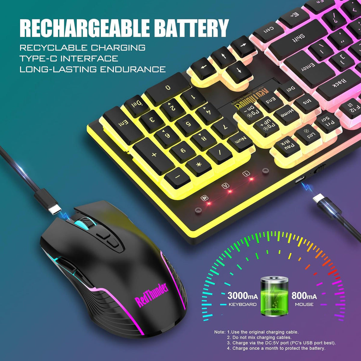 RedThunder K10 - Combo de teclado y ratón inalámbricos para juegos,...