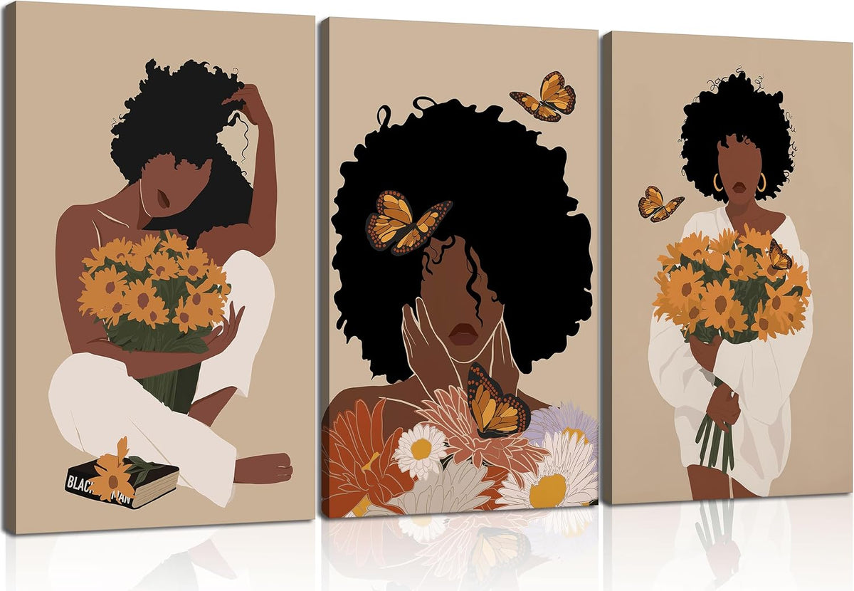 3 piezas de arte de pared de mujer negra, pósters boho de niña negr...