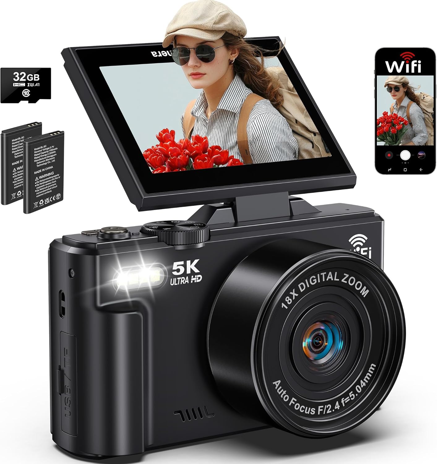 Cámara digital 5K para fotografía, cámara de vlogging WiFi de 75MP...