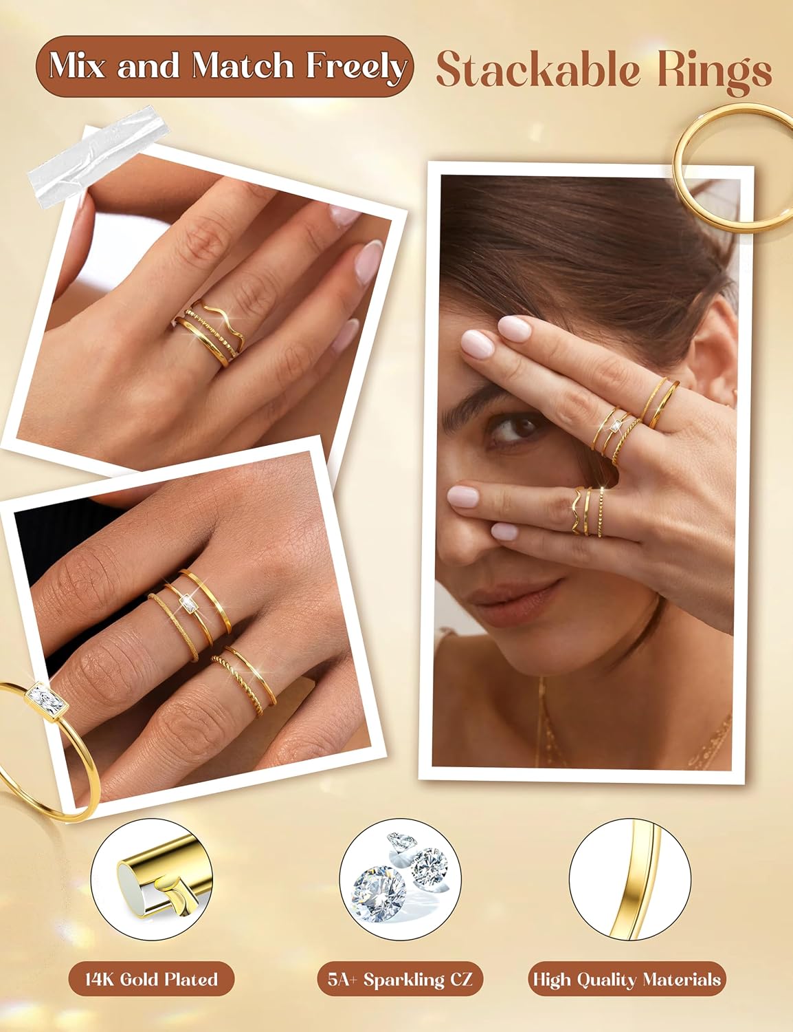 THUNARAZ 8 piezas de anillos apilables para mujer sin deslustre, an...