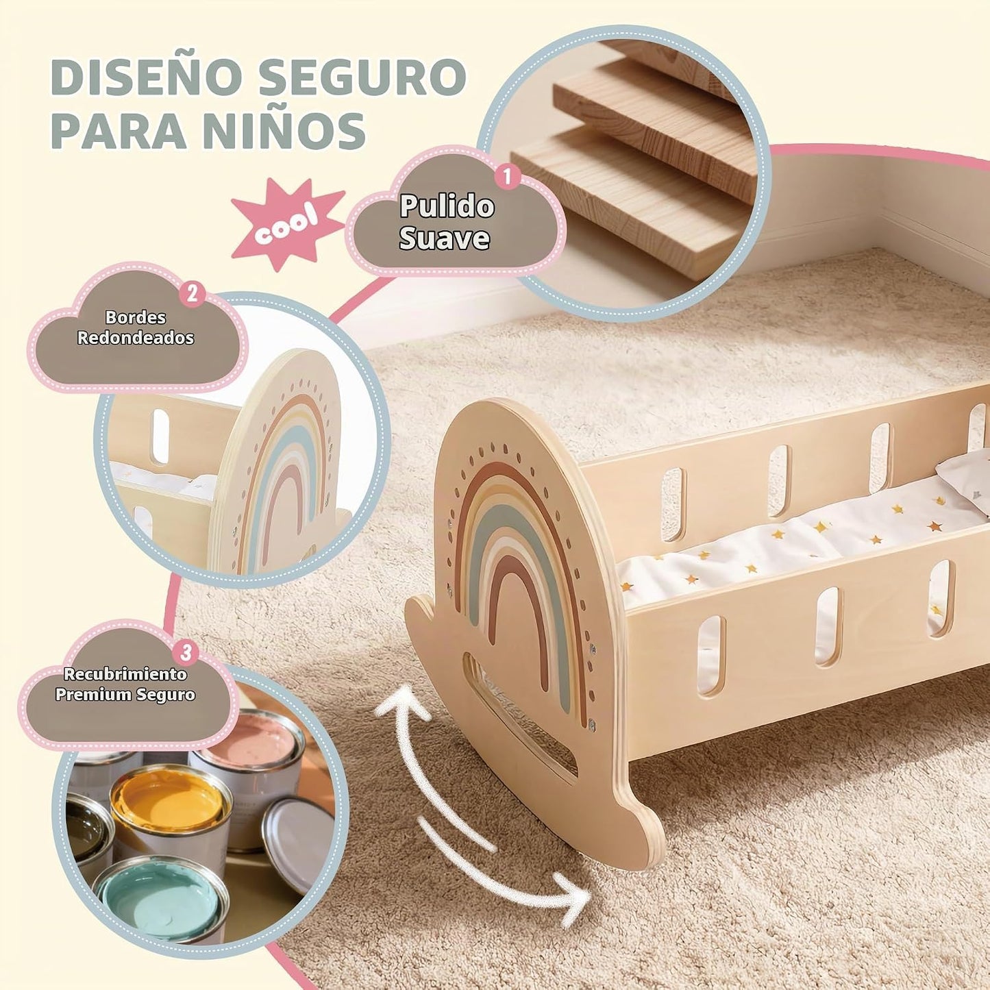 FReniland Cuna mecedora de madera para muñecas de hasta 18 pulgadas...
