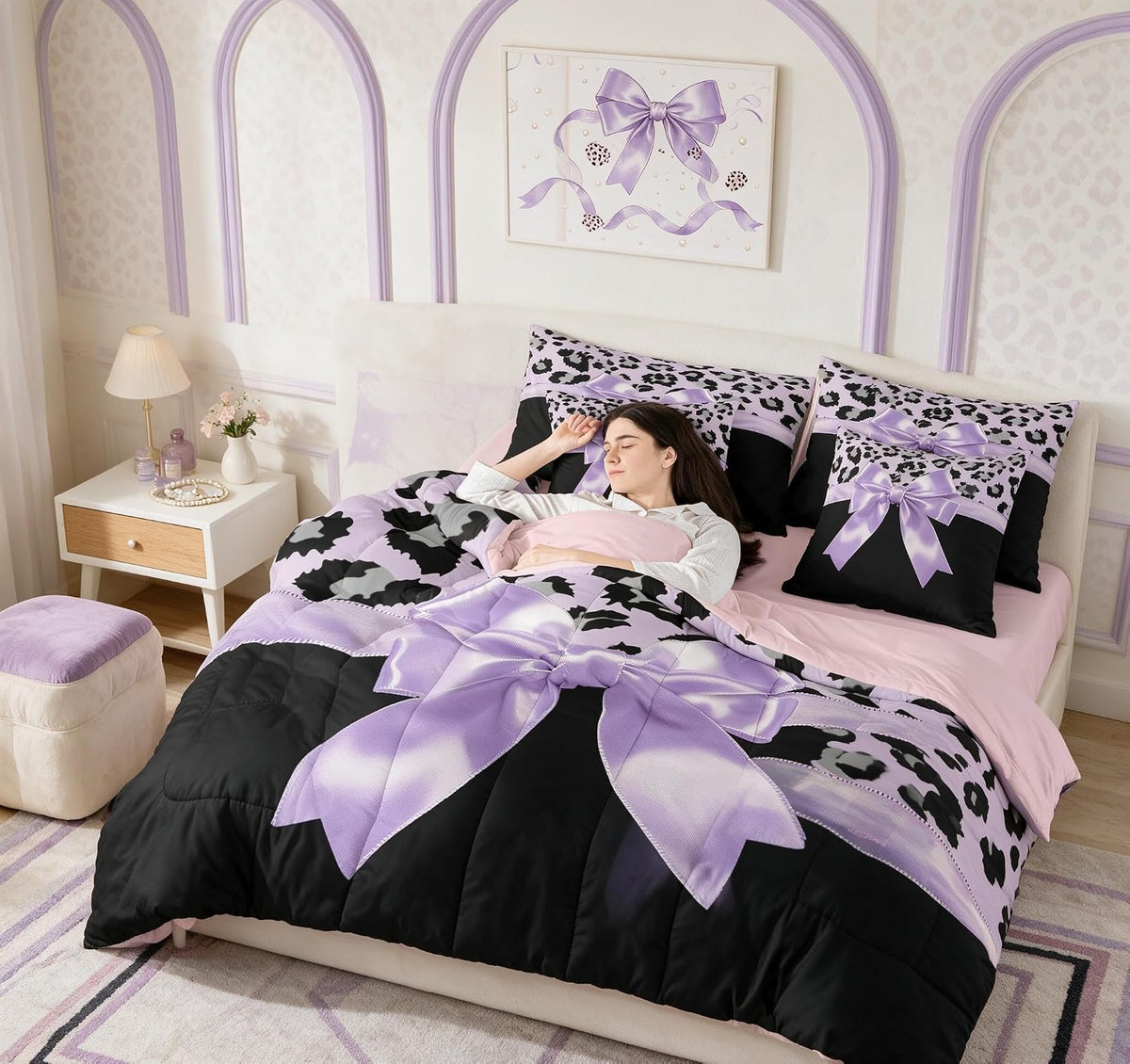 Feelyou Juego de ropa de cama de 7 piezas con lazo de seda morada t...