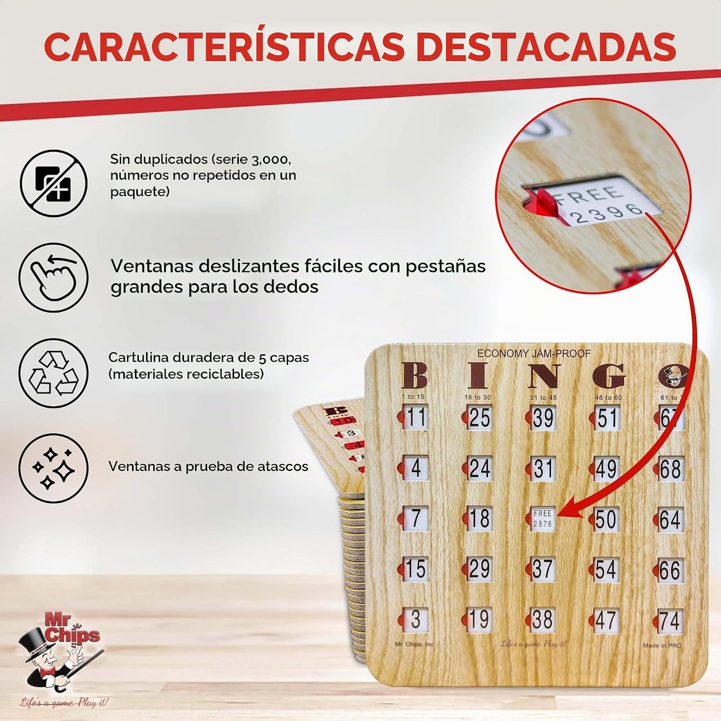 MR CHIPS Tarjetas de bingo deslizantes a prueba de atascos con vent...