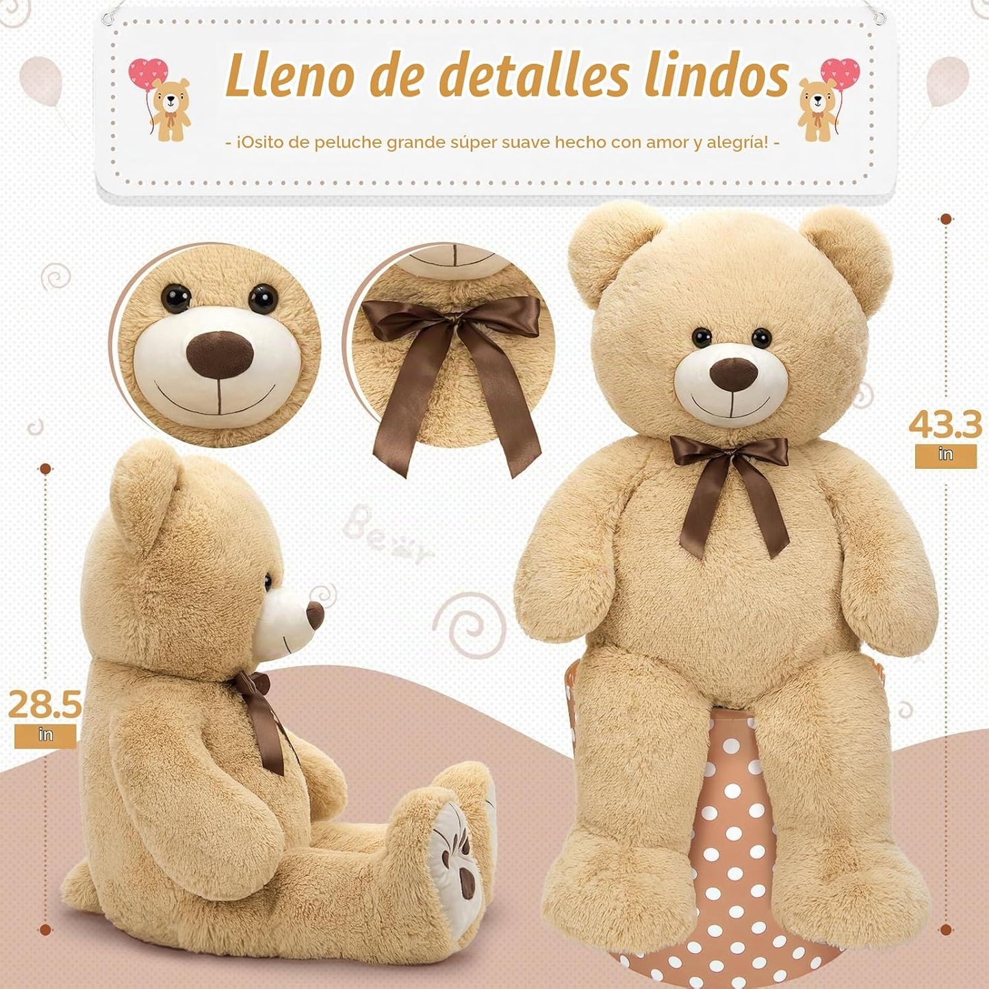 Tezituor Oso de Peluche Gigante Grande de 4 pies Color Crema, Anima...