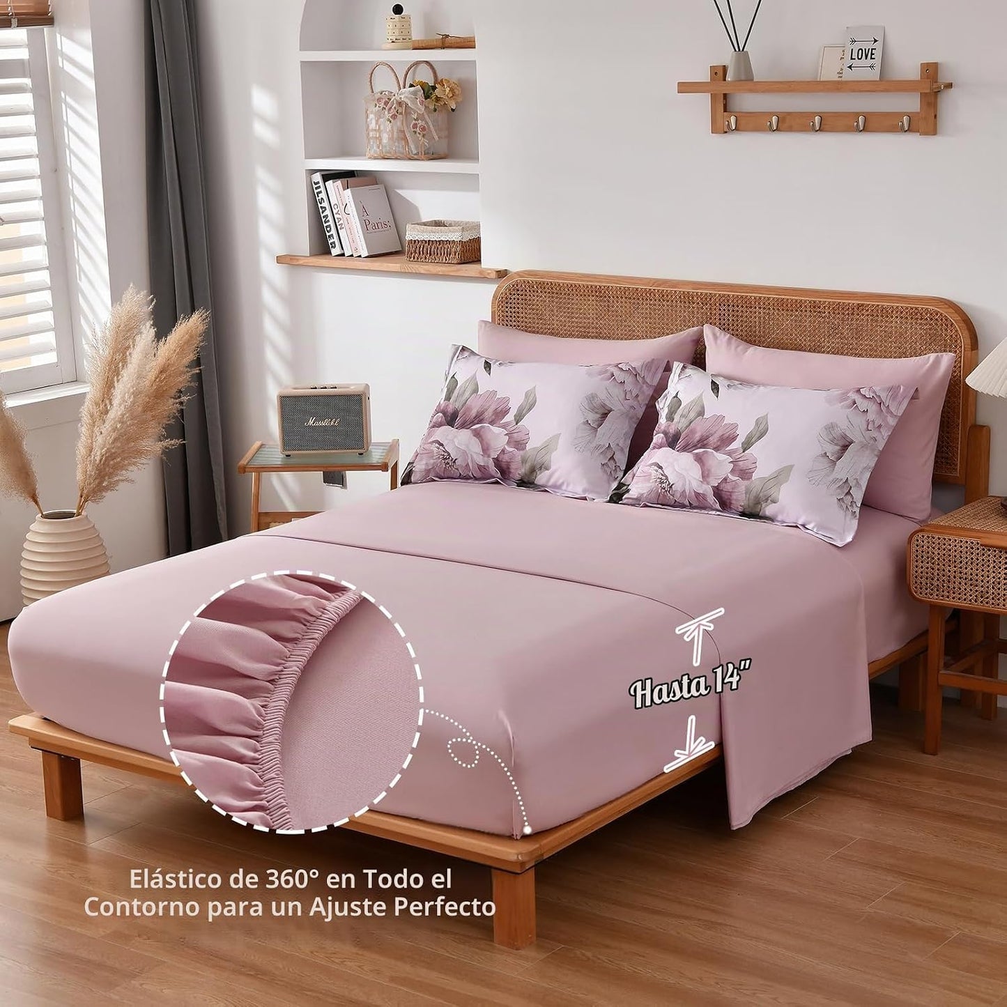 Dobuyly Juego de edredón rosa tamaño completo de 7 piezas cama en u...