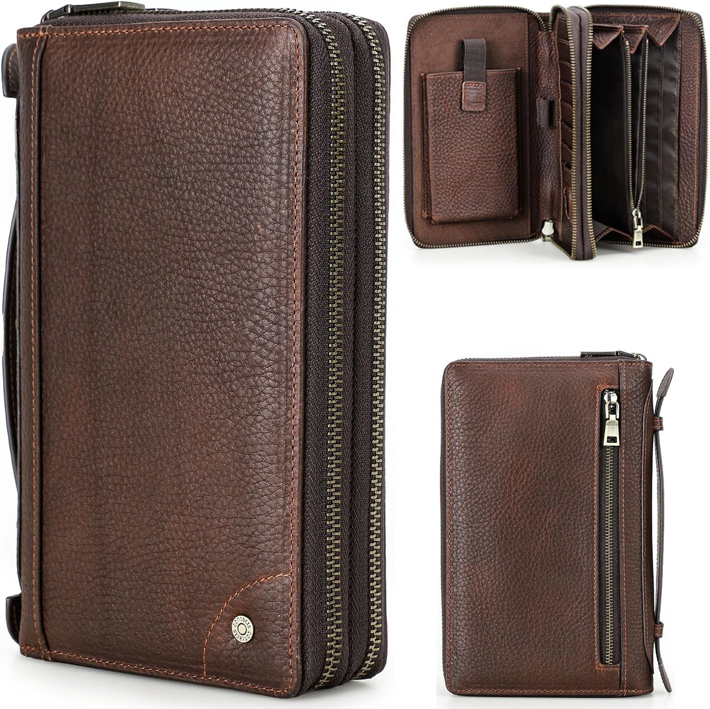 Cartera de cuero genuino de grano superior con cremallera para homb...