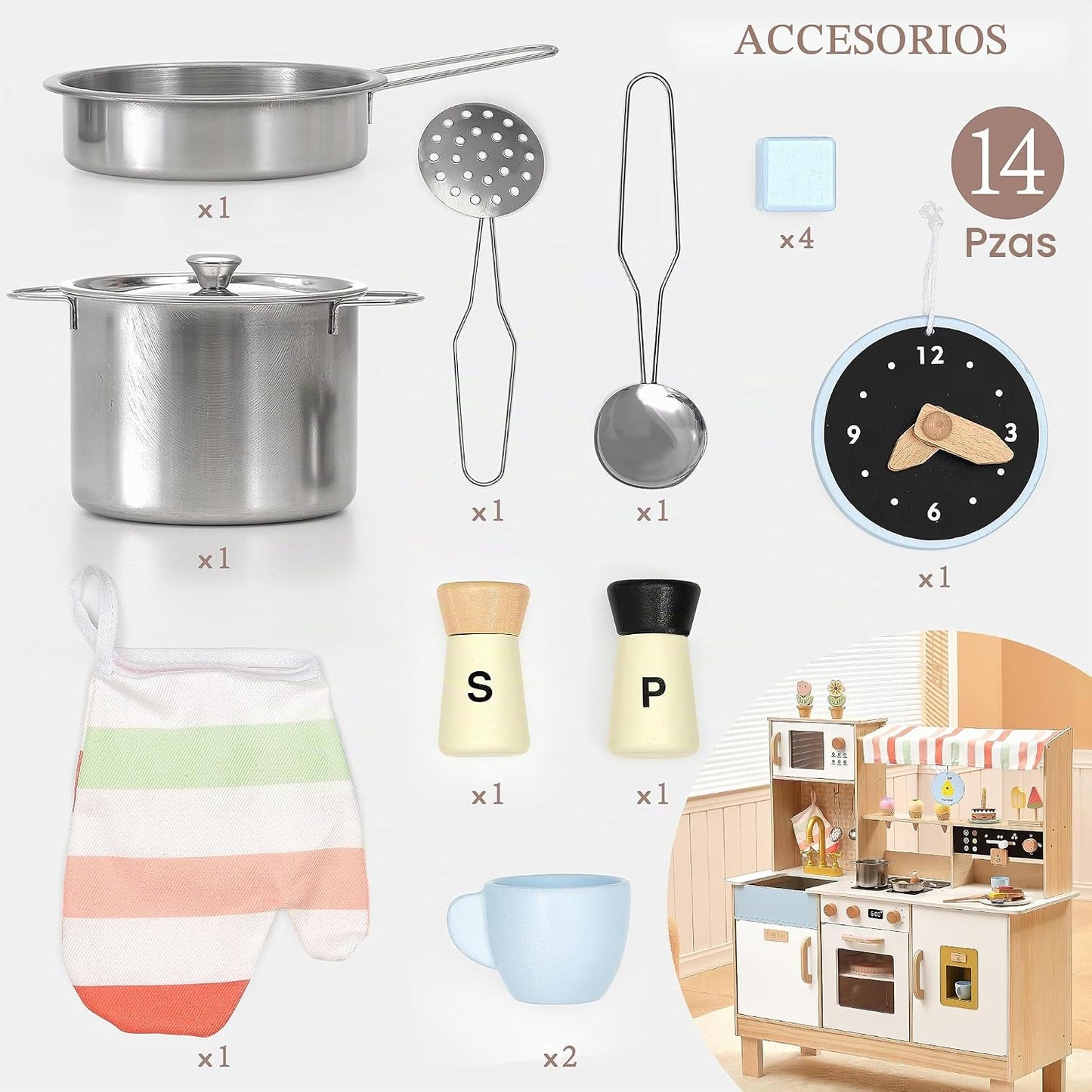 PairPear Juego de cocina grande de madera para niños de 3 a 6 años,...