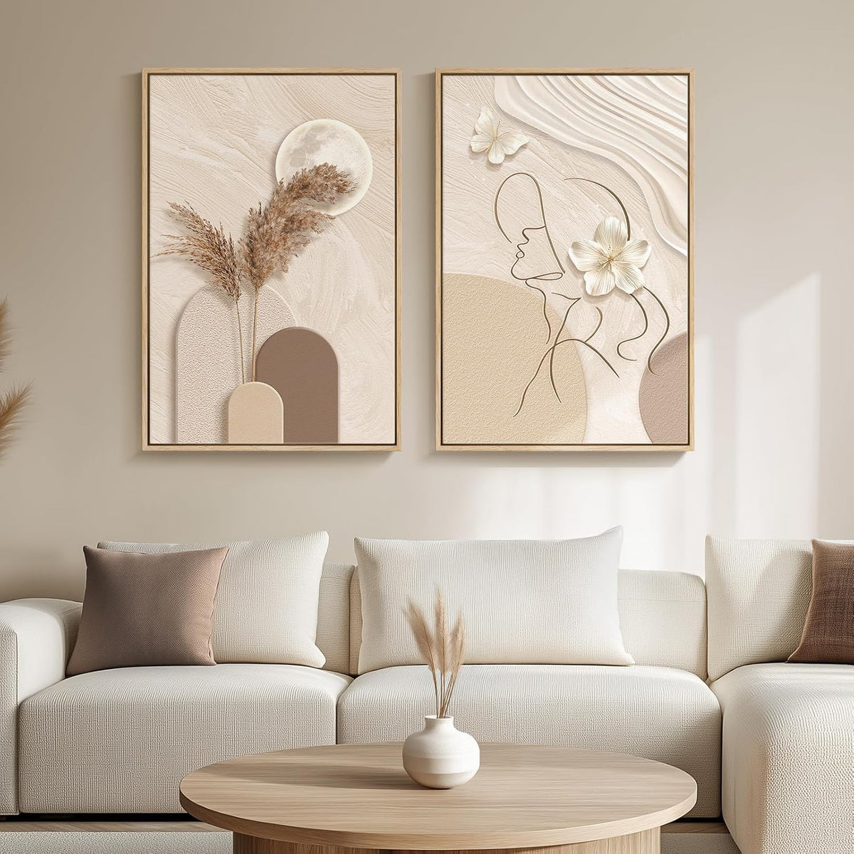 Arte de pared abstracto neutro con marco grande para sala de estar,...