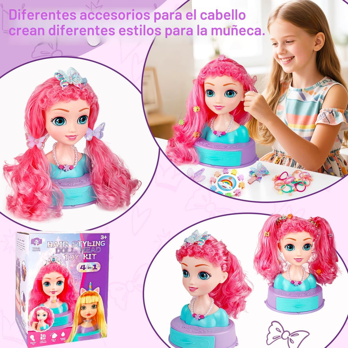 Kryonixty Cabeza de muñeca 4 en 1 para peinar el cabello para niños...