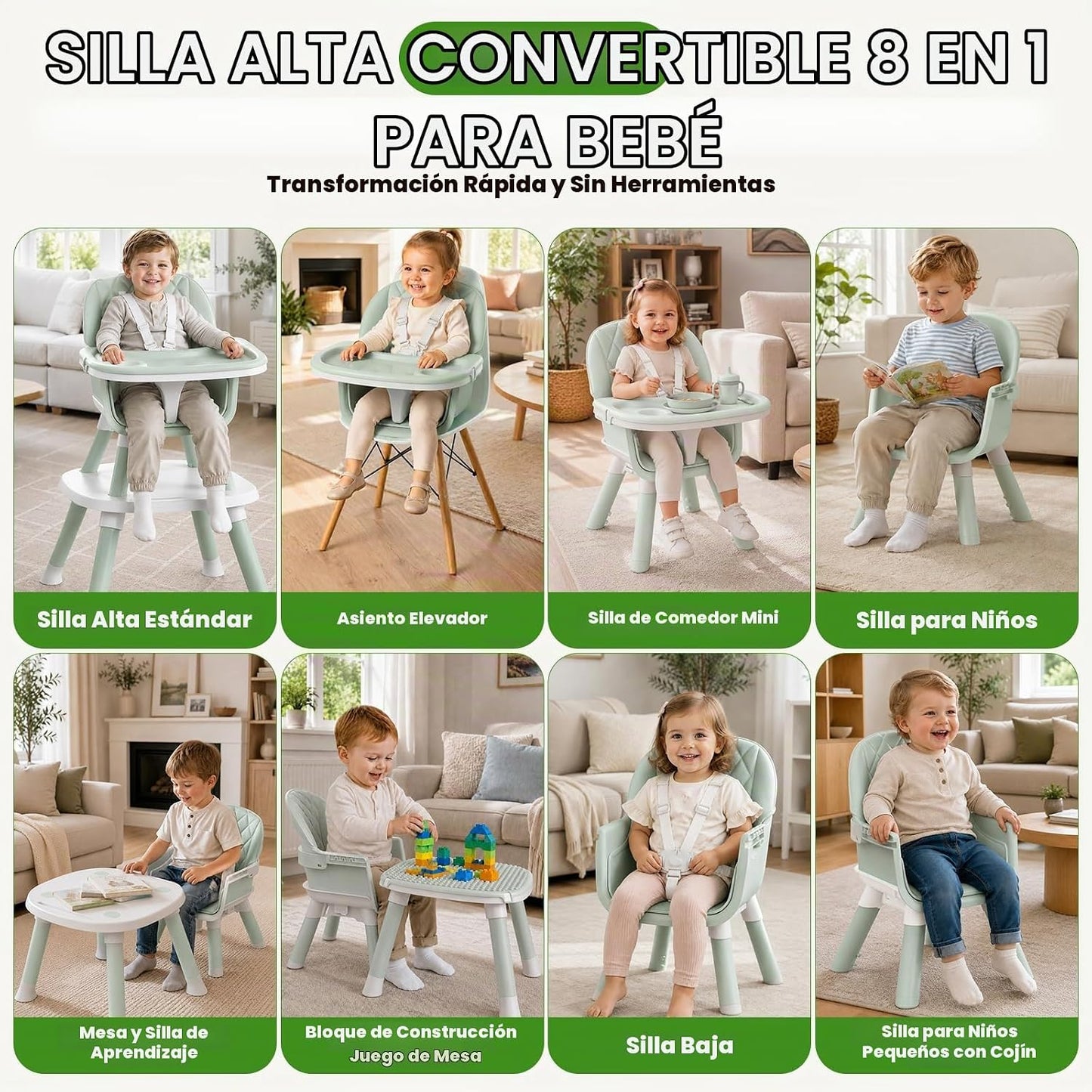 Sillas altas para bebés y niños pequeños (verde) | Asiento elevado,...
