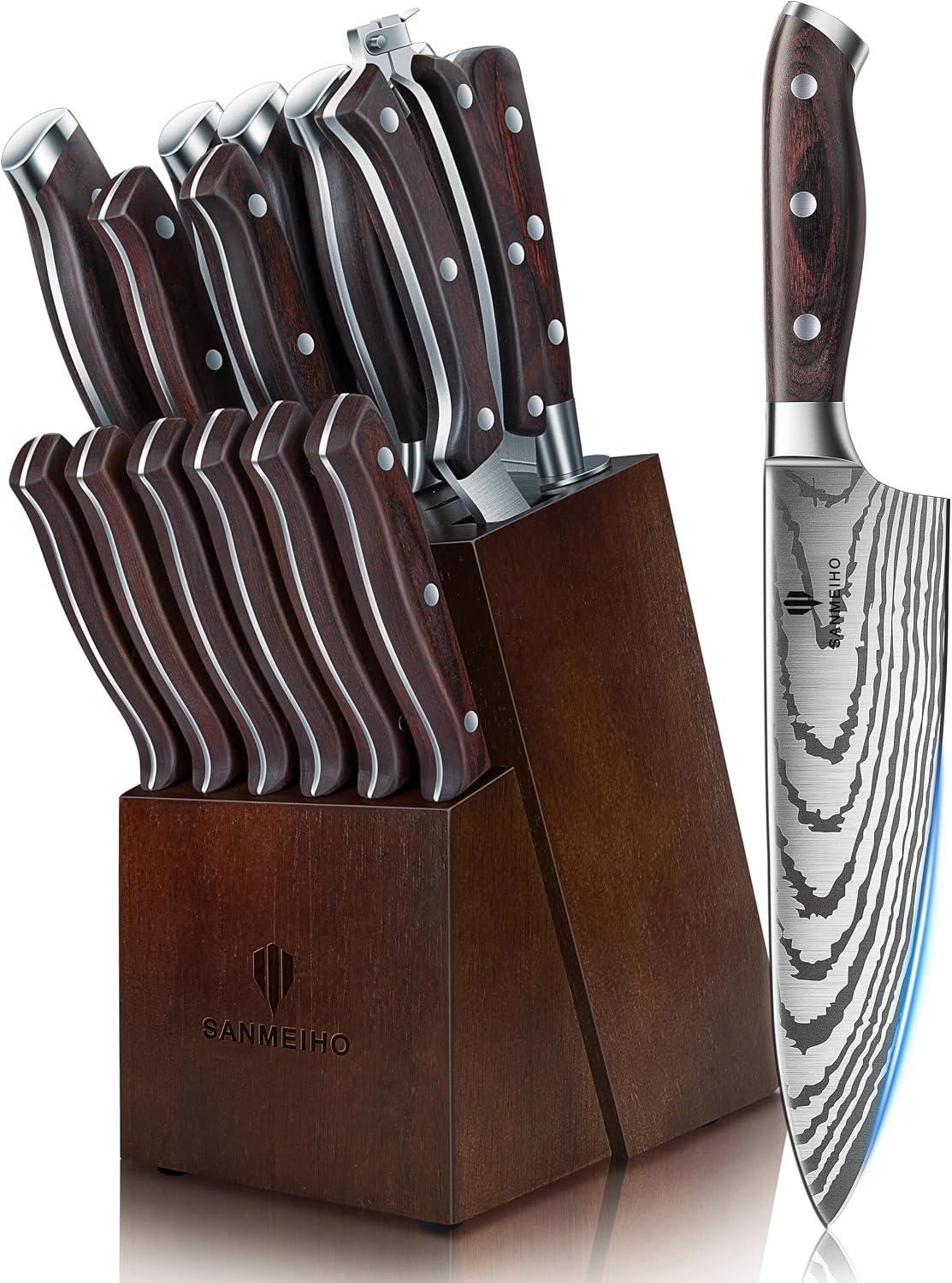 SANMEIHO Juego de cuchillos 16 piezas, cuchillo de cocina japonés c...