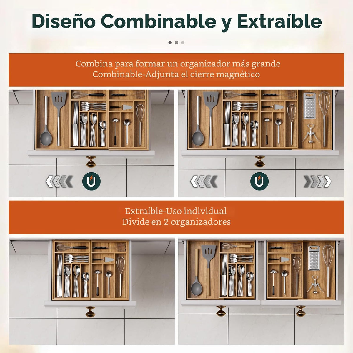 Organizador de Cubiertos Grande, Conectado Magnéticamente Expandibl...