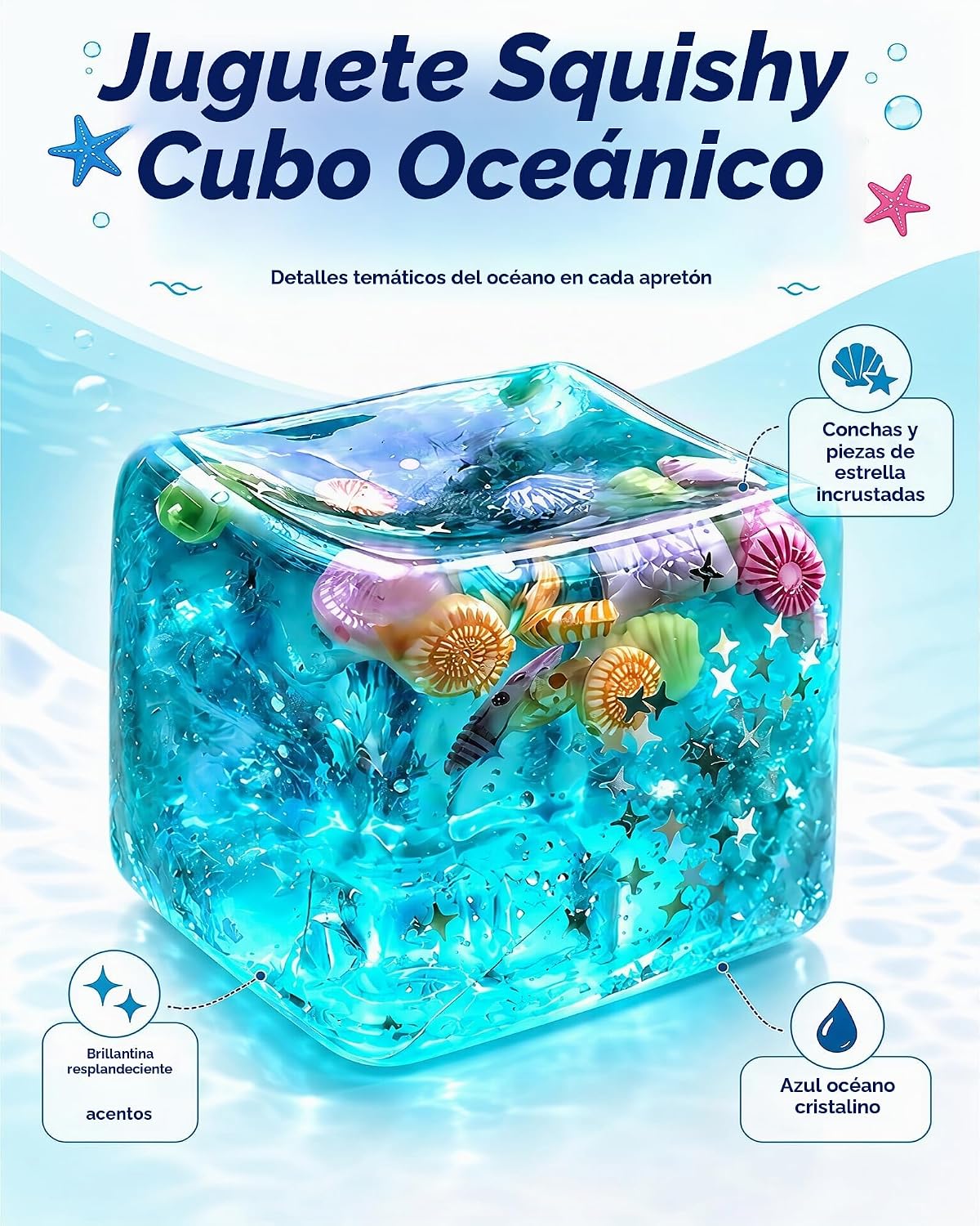 2 bolas antiestrés de cubo azul, juguetes blandos con conchas de oc...