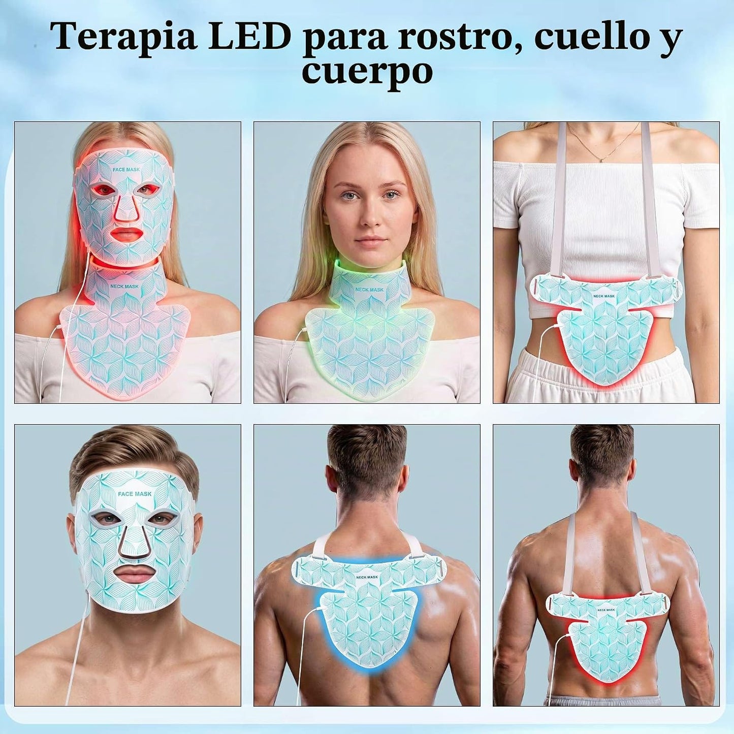 Máscara de terapia de luz roja para cara y cuello, 8 colores brilla...