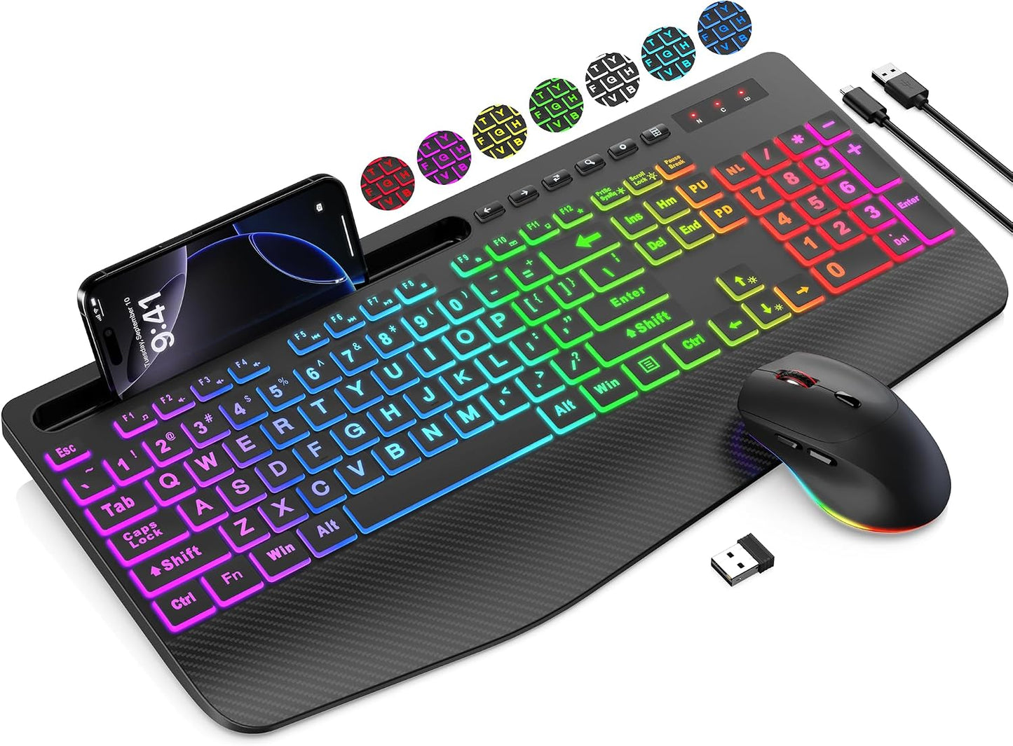 SABLUTE Combo de teclado y mouse inalámbricos, 9 efectos retroilumi...