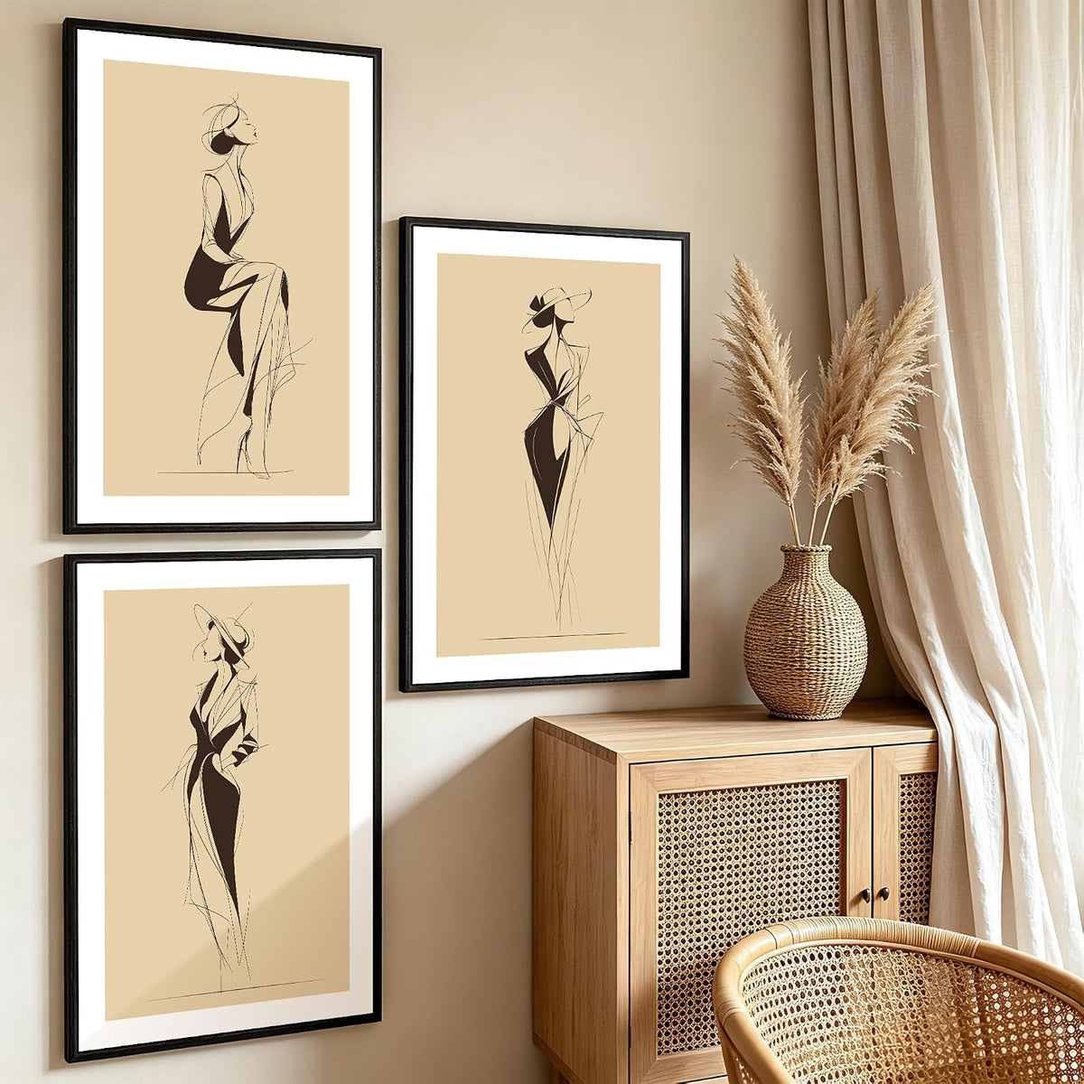 Arte de pared grande enmarcado de 3 piezas de moda de dibujo elegan...