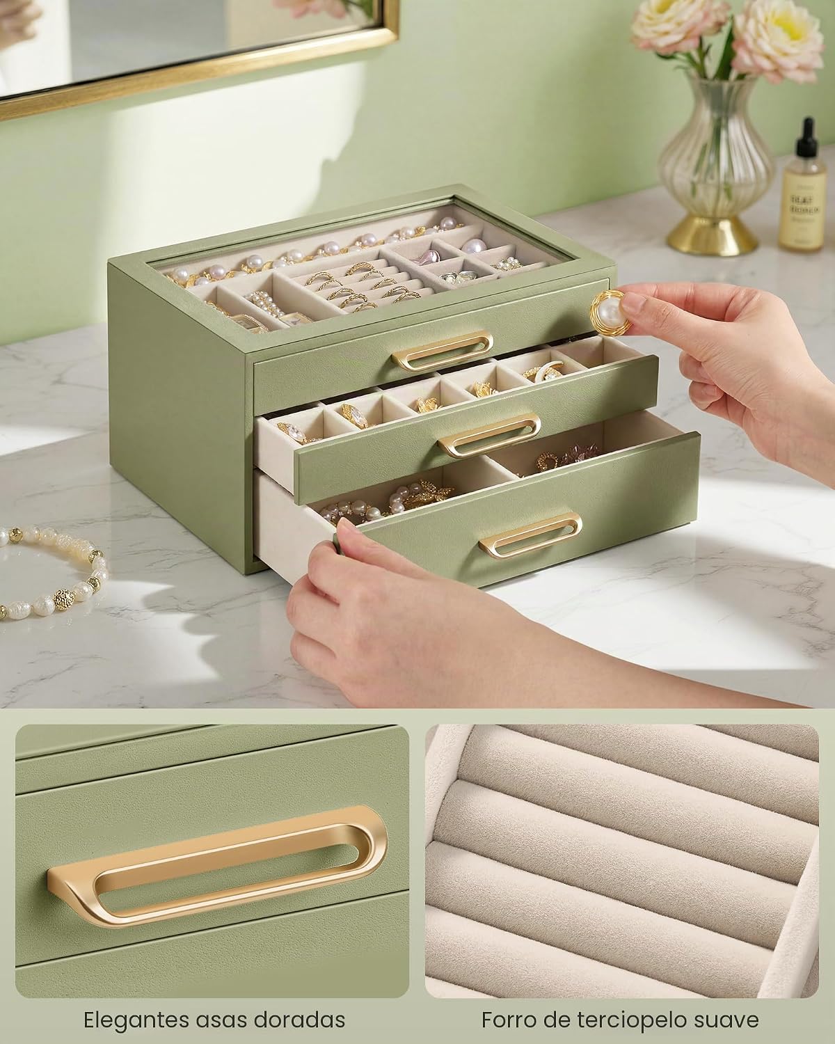 SONGMICS Joyero de 3 capas con ventana de cristal, organizador de a...