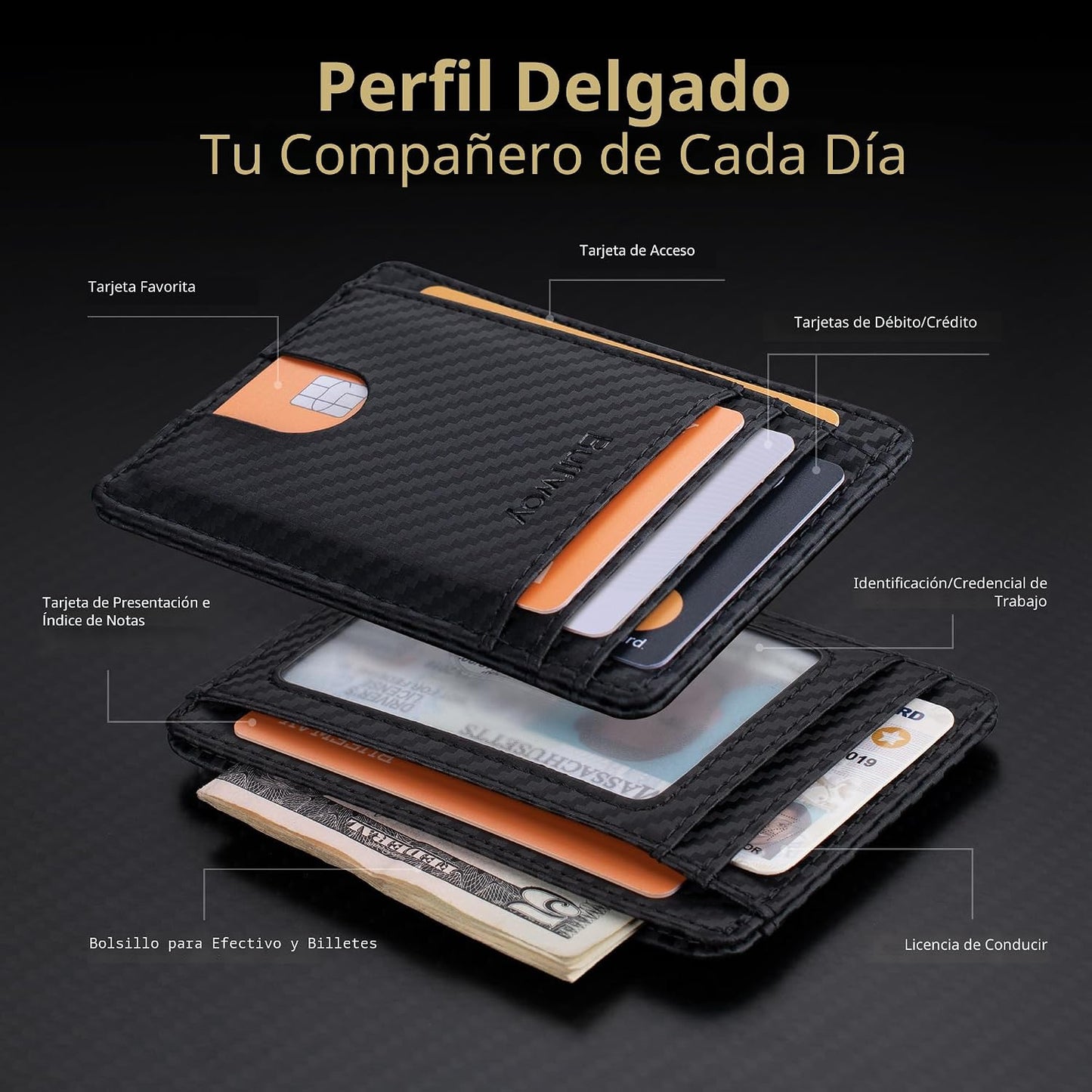 Buffway - Billetera delgada minimalista de cuero con protección RFI...