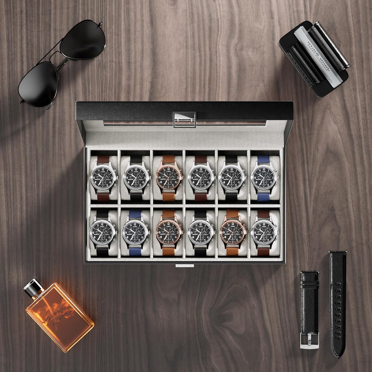 ProCase Organizador de caja de reloj, vitrina de 12 ranuras para re...