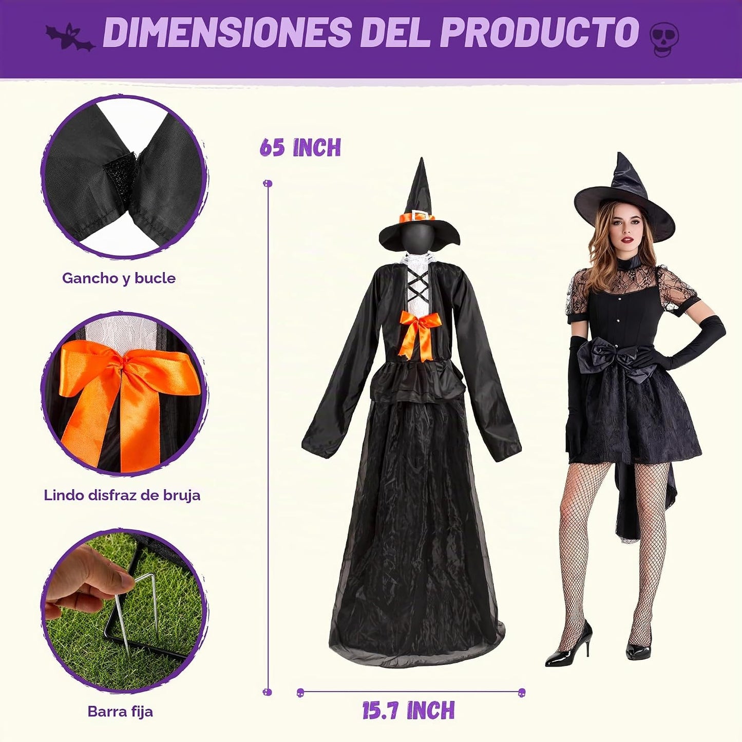 Juego de 3 decoraciones de bruja iluminadas para Halloween de 65 pu...