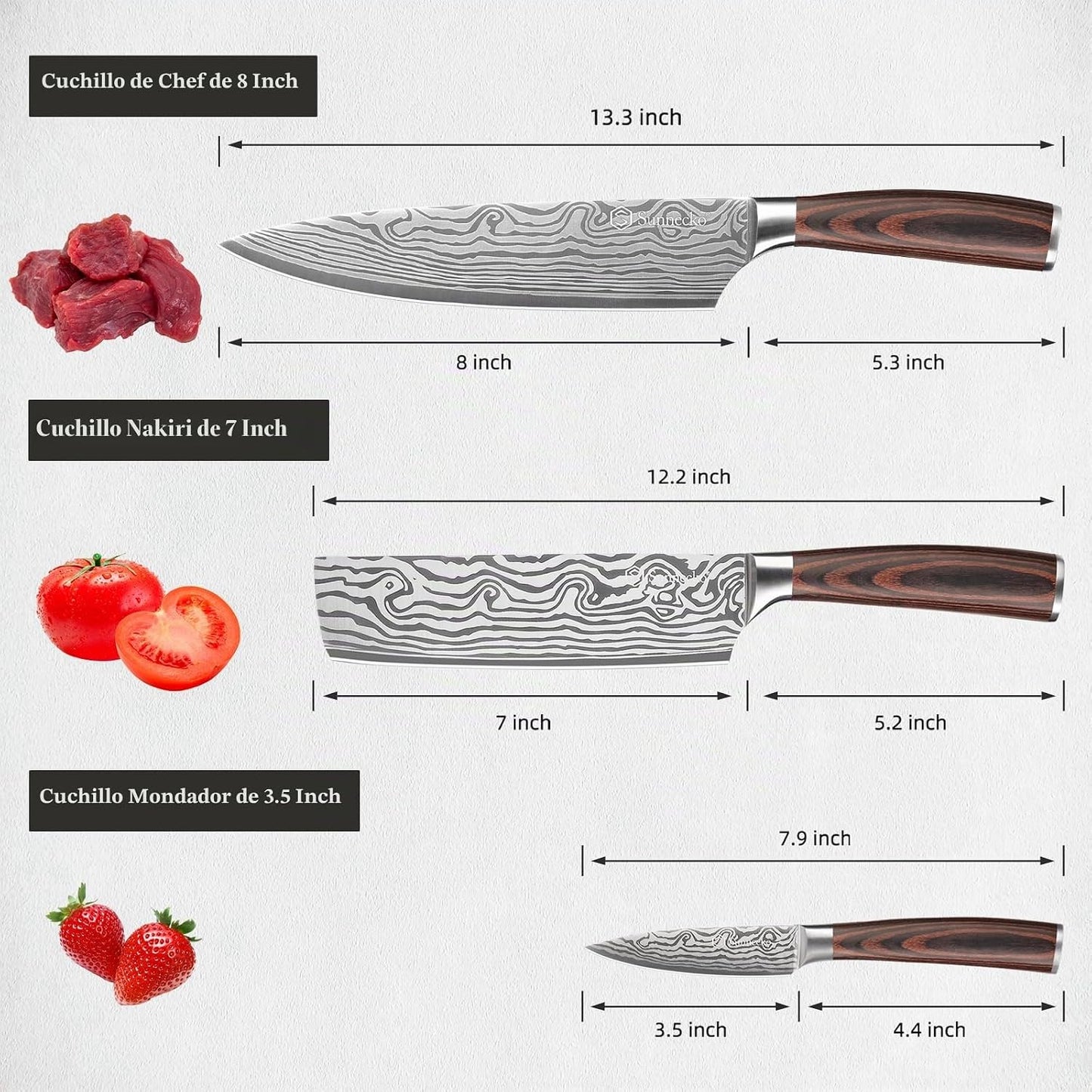 Sunnecko - Juego de cuchillos de cocina de 3 piezas, juego de cuchi...
