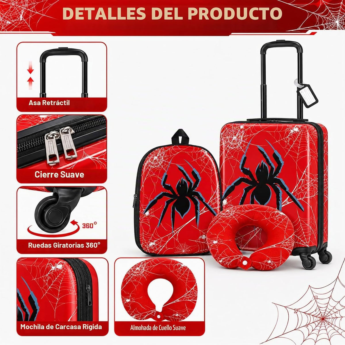 Sanwuta Juego de 4 maletas de araña de 18 pulgadas, mochila con rue...