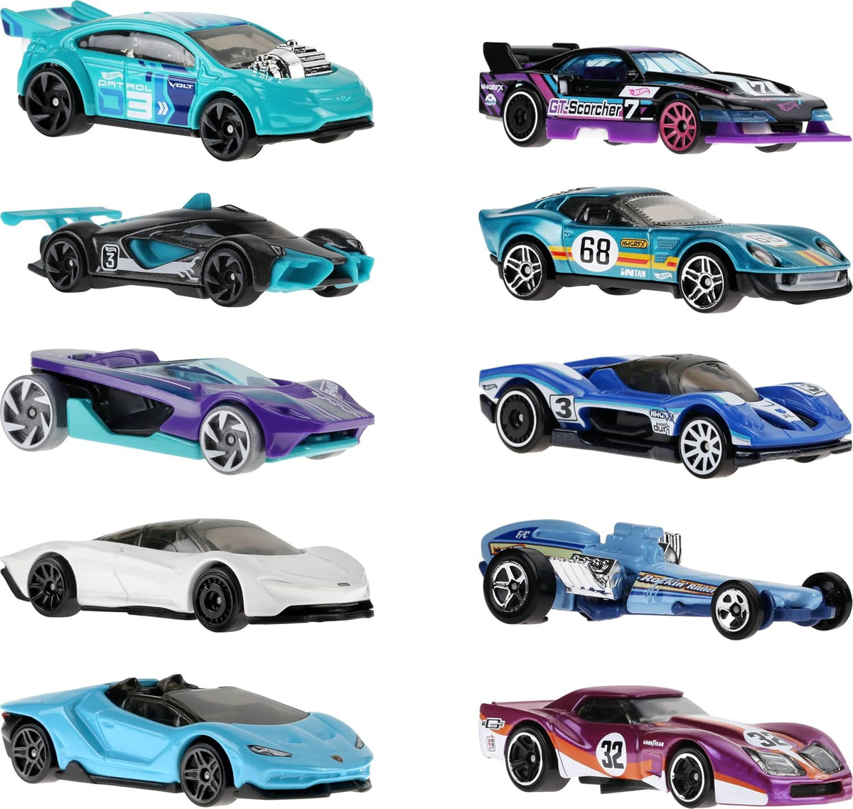 Hot Wheels Paquete de 10 autos de carreras de juguete (los estilos...