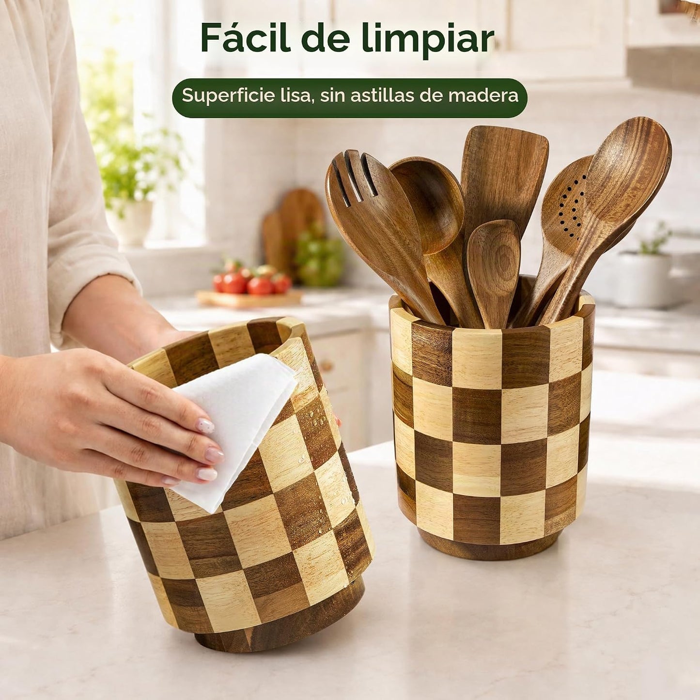 Fyctio Soporte de utensilios de madera, 360 ° giratorio a cuadros s...