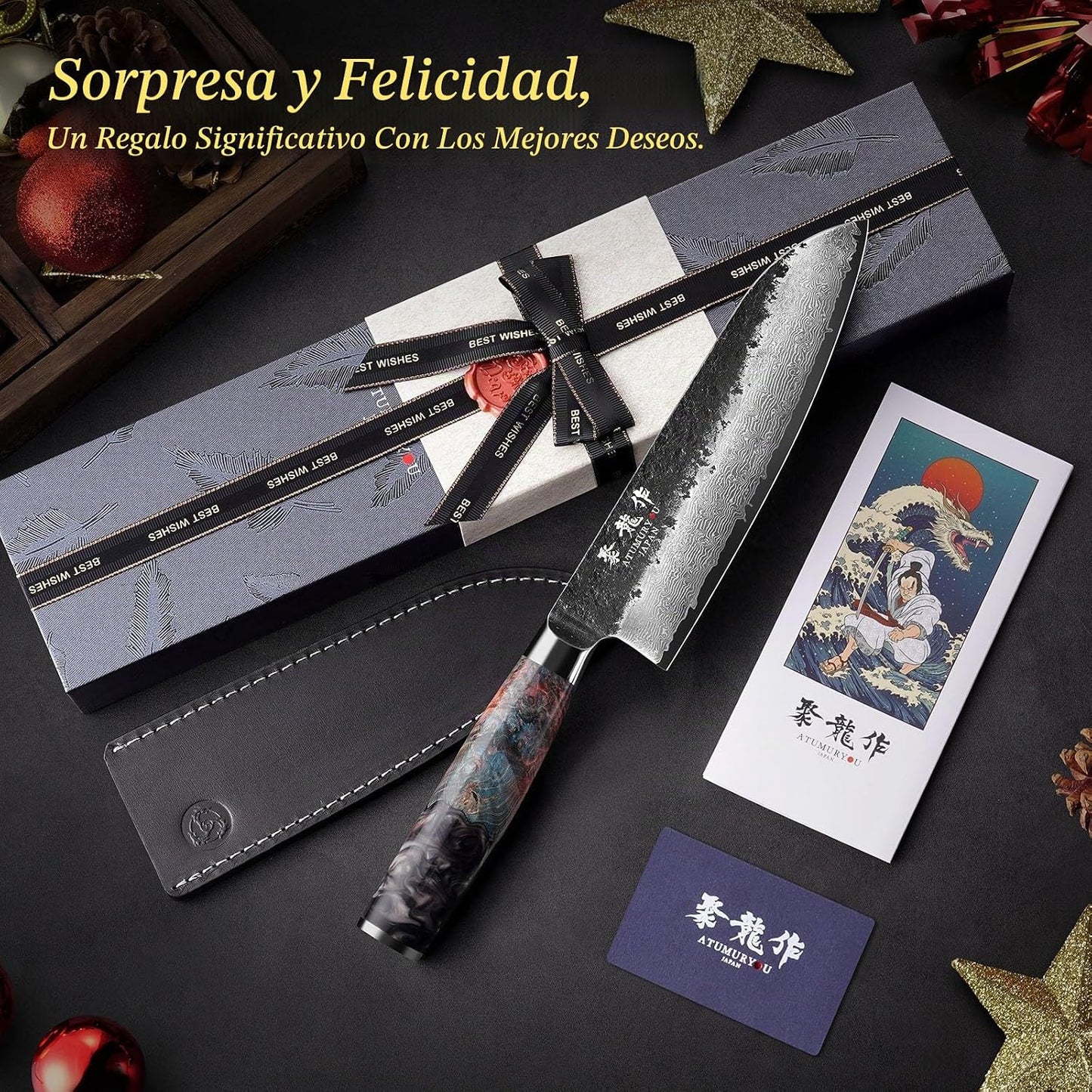 Cuchillo japonés Santoku de 7 pulgadas, núcleo de acero de Damasco...