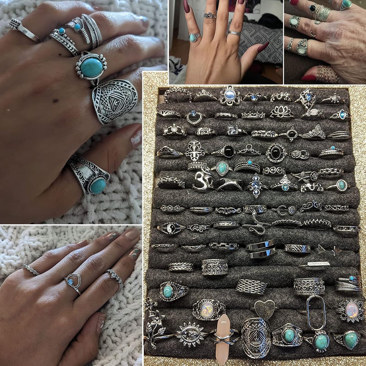17IF Juego de anillos de nudillos plateados vintage para mujeres y...