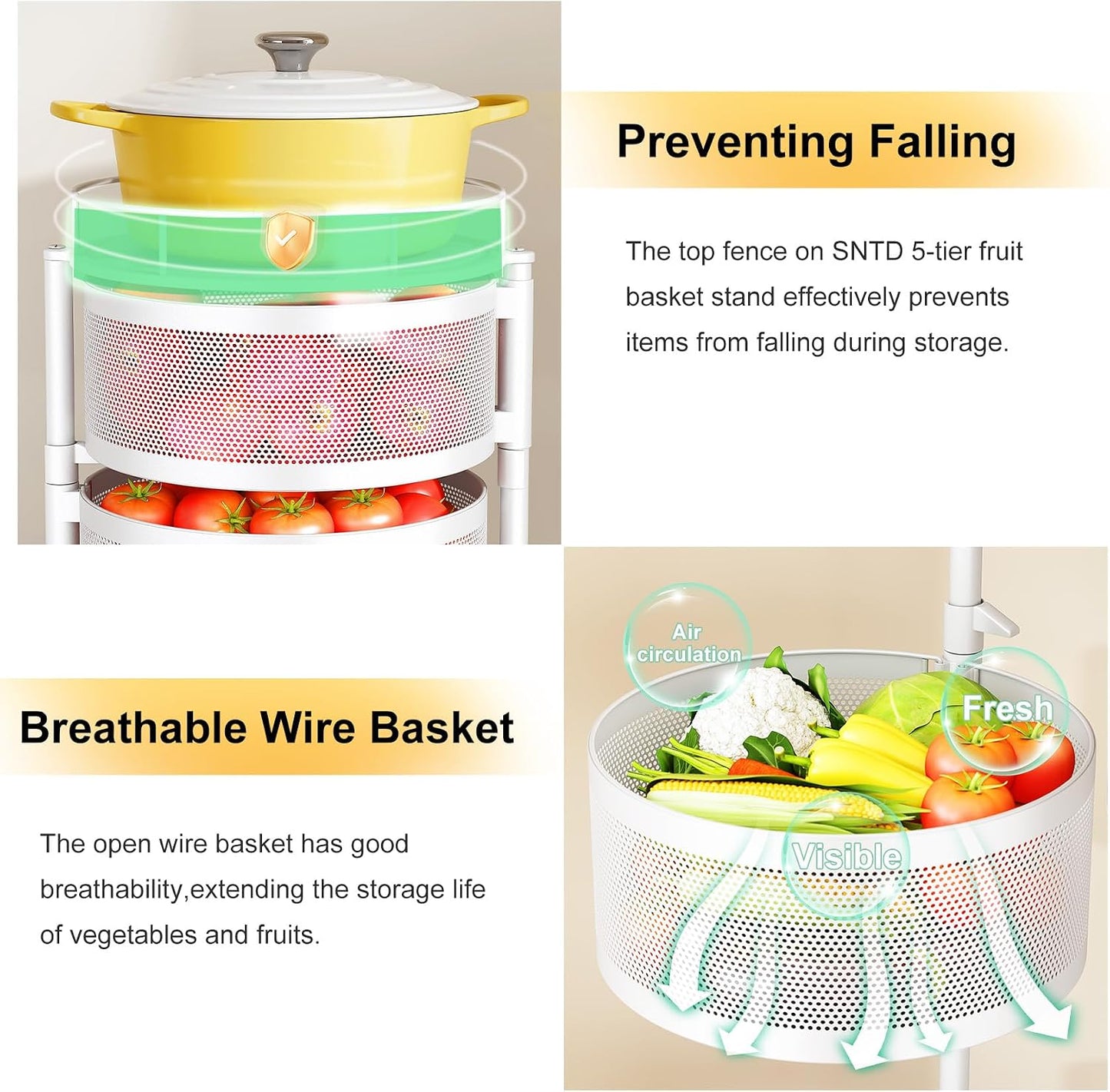 SNTD Cesta de frutas y verduras para cocina con tapa superior de me...