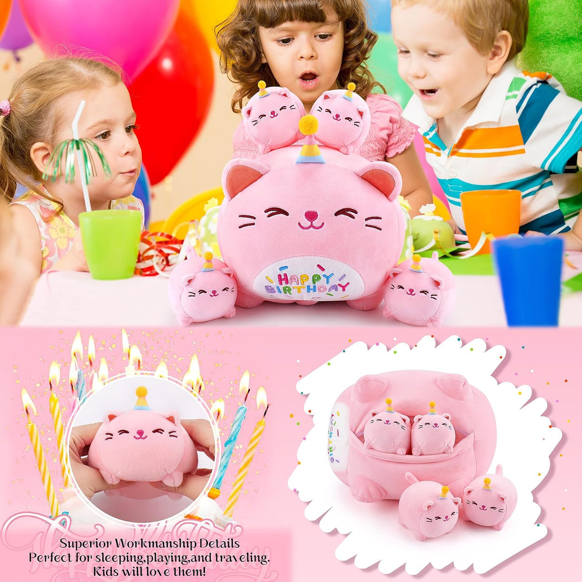 Peluche de Gato Rosa de Cumpleaños, 5 Piezas Familia de Animales de...