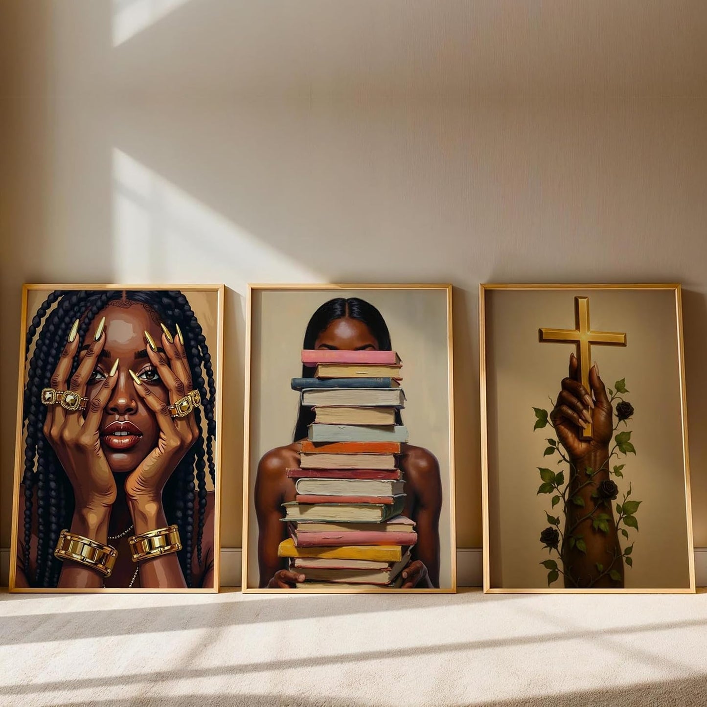 3 piezas de lienzo de niña negra para pared, póster de pintura afro...