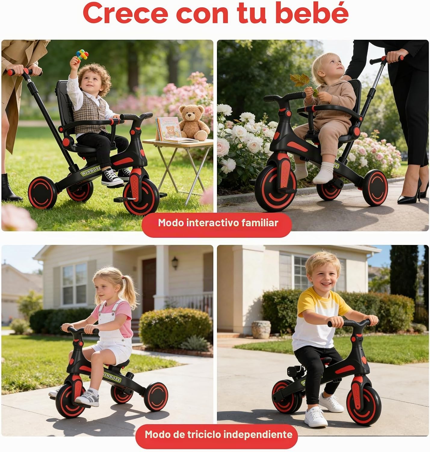 Winhope Triciclo para niños, triciclo 6 en 1 para bebés con asa de...