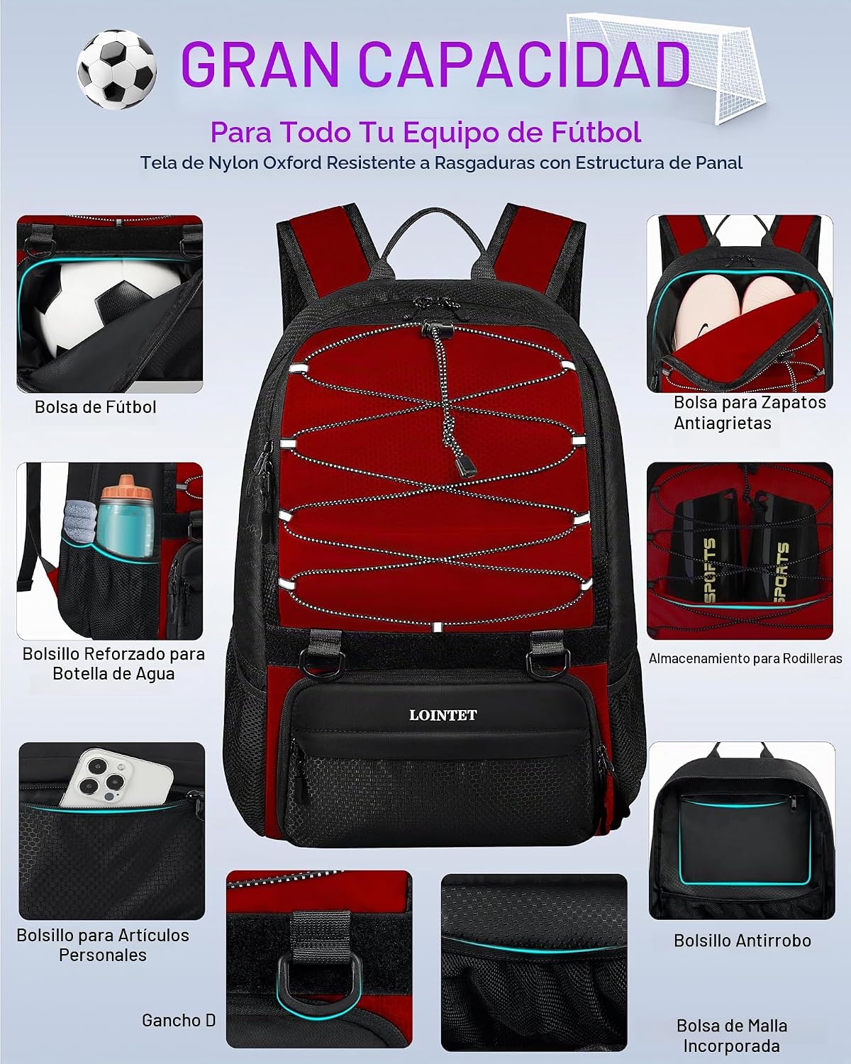 LOINTET Bolsa de fútbol juvenil, mochila de fútbol con compartiment...