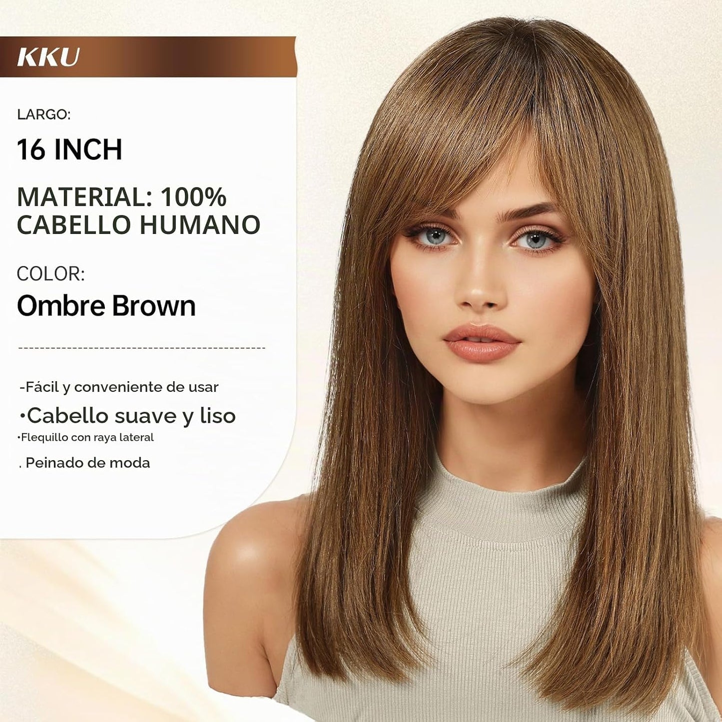 KKU Pelucas de cabello humano castaño degradado de 16 pulgadas para...