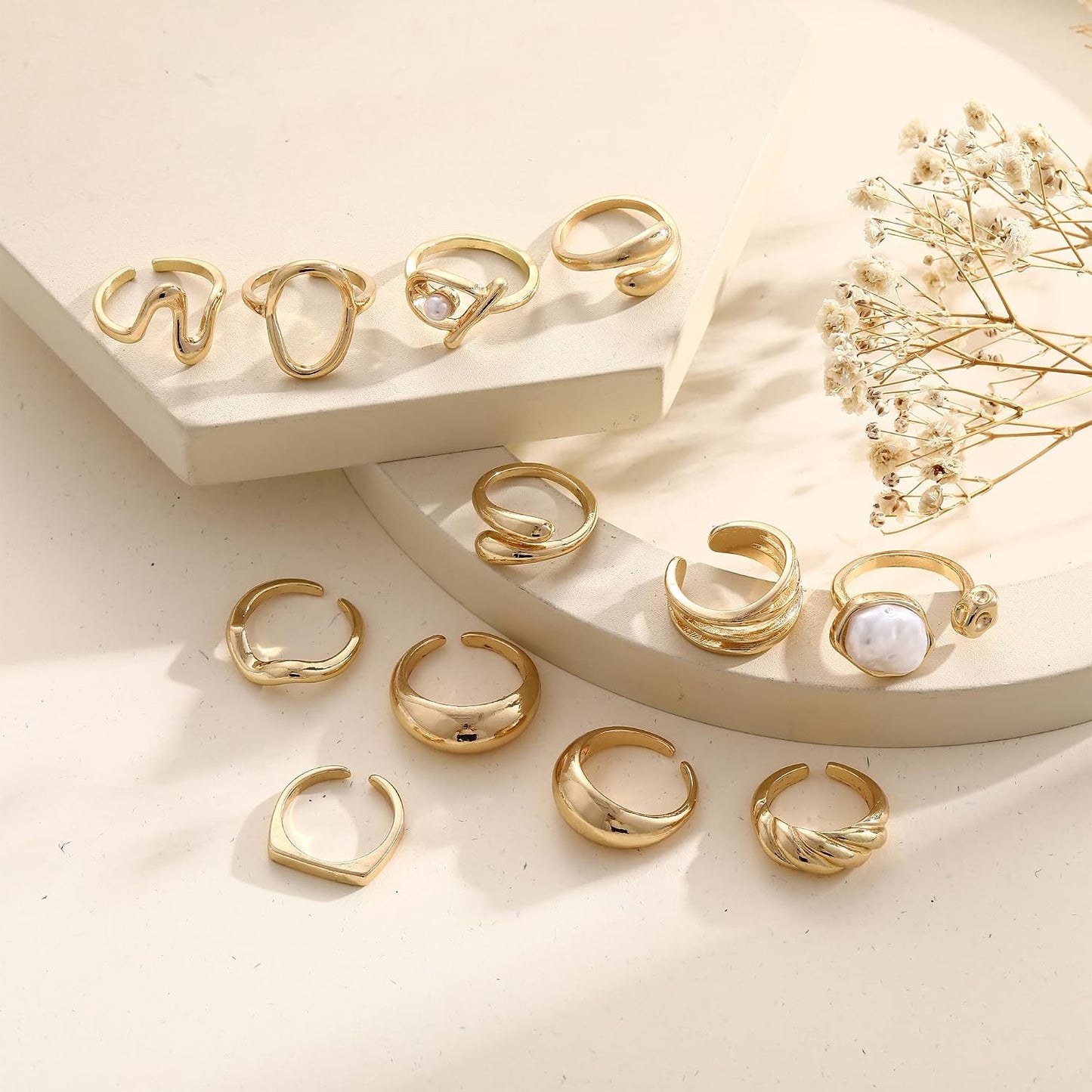 12 piezas de anillos de oro gruesos para mujer, anillo de flor sin...