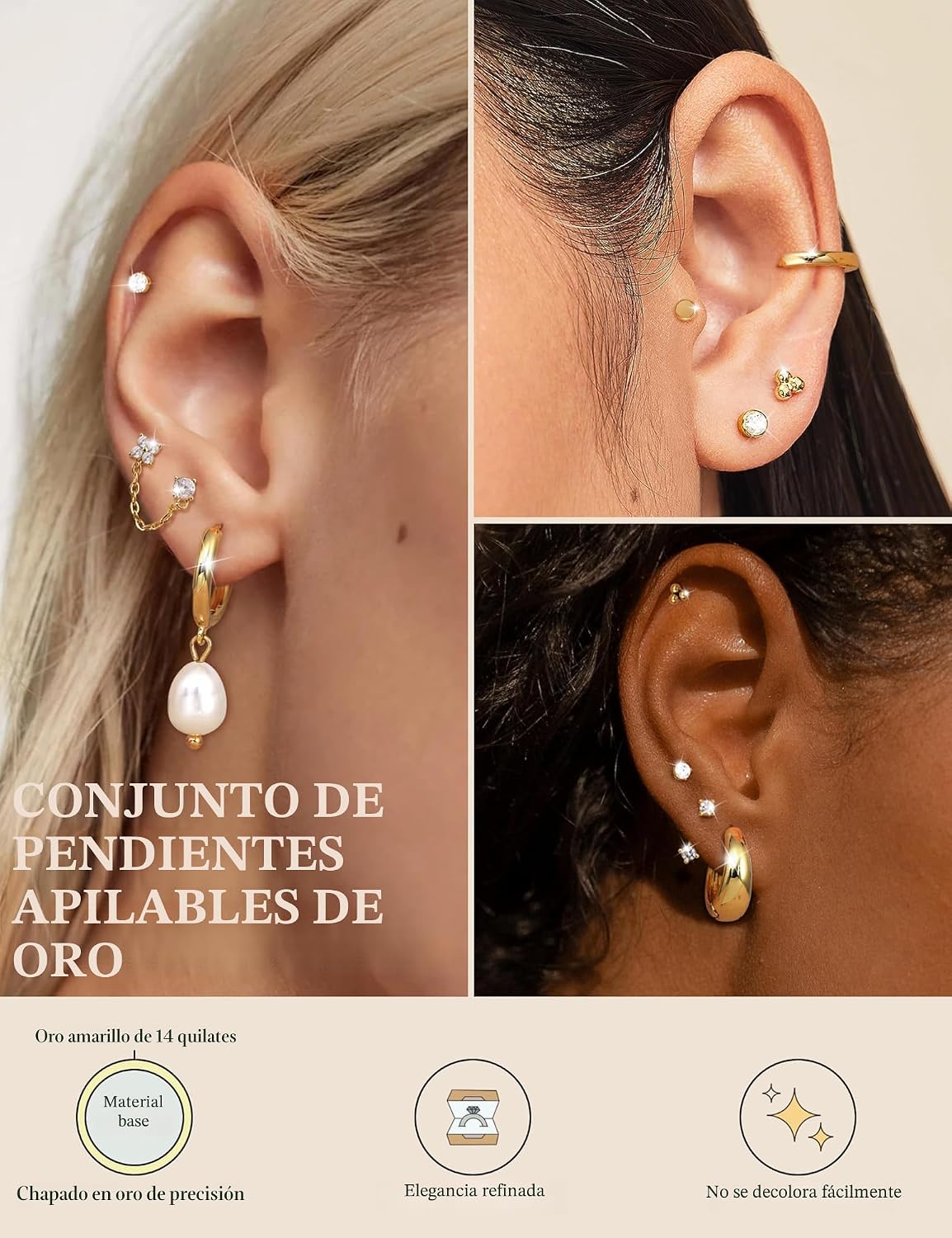 LOLIAS Pendientes de espalda plana para mujer, aretes hipoalergénic...