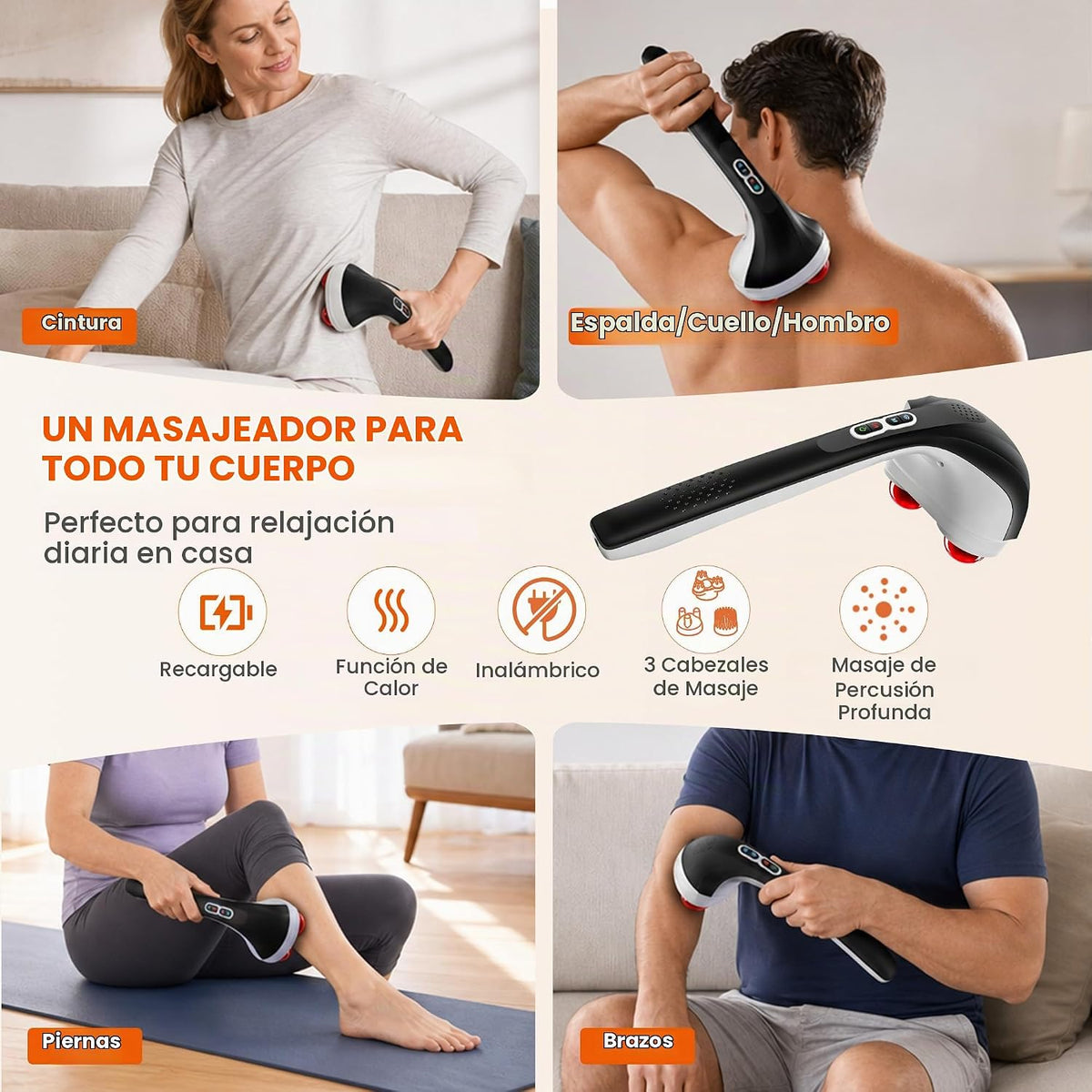Snailax Masajeador de espalda inalámbrico de mano con calor, masaje...