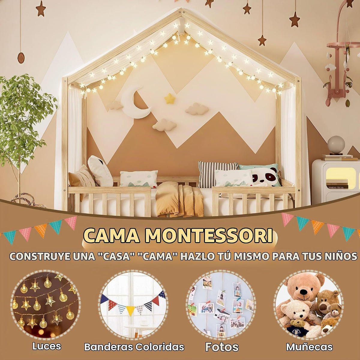 Bellemave Estructura de cama completa con toldo, cama Montessori, c...