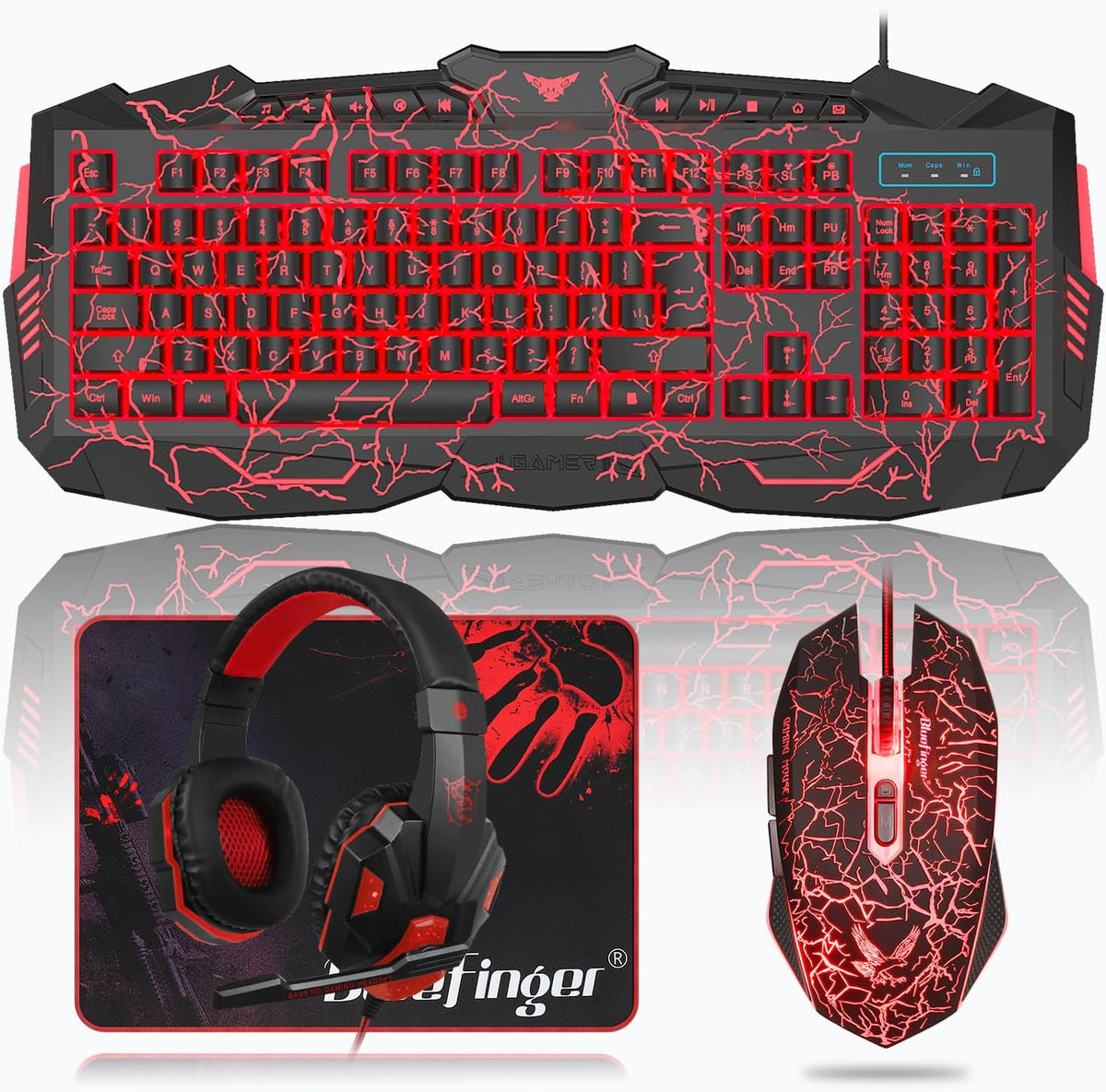 Combo de Teclado, Ratón y Auriculares para Juegos BlueFinger, Tecla...